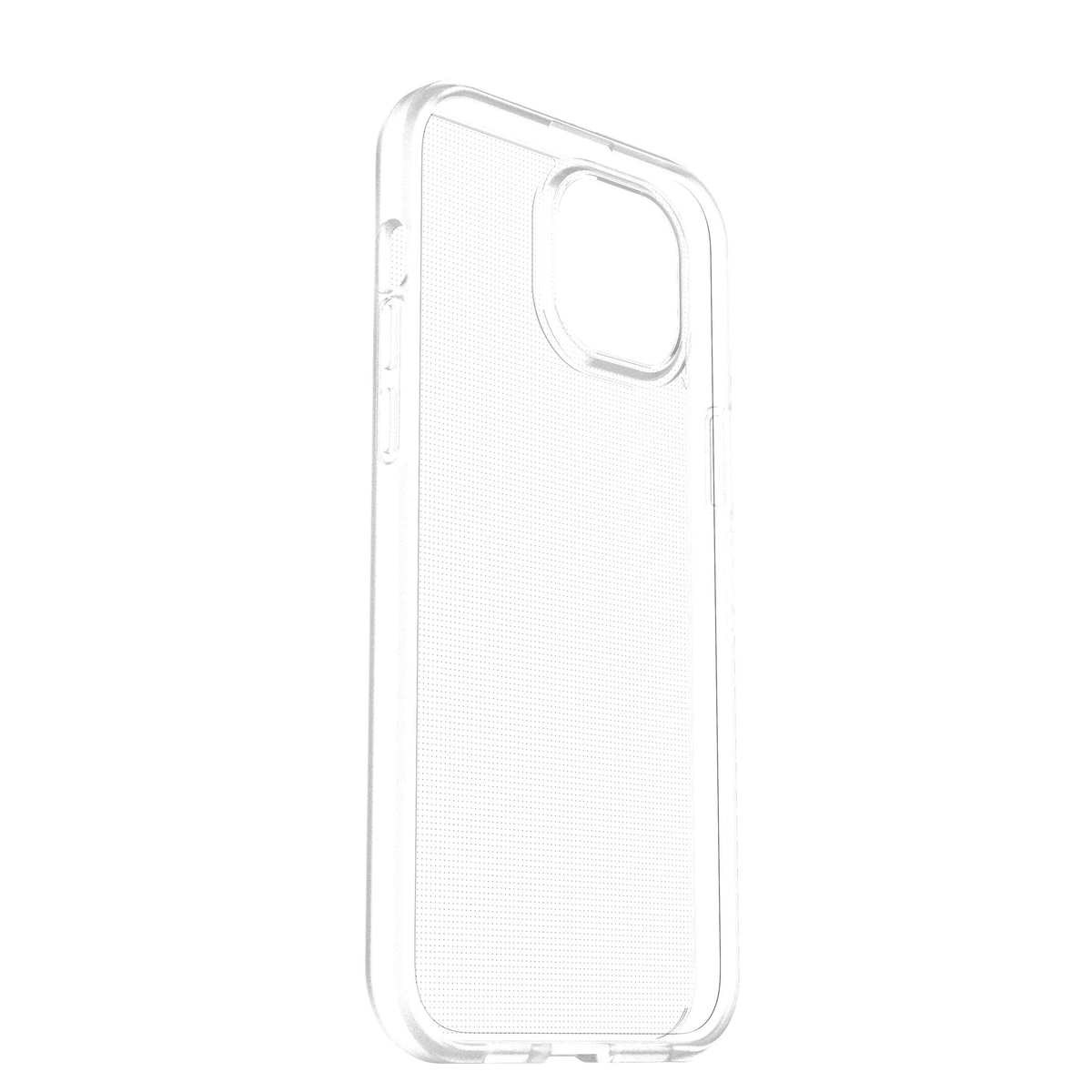 Eine transparente Schutzhülle für ein Smartphone mit Aussparungen für Kamera und Tasten.