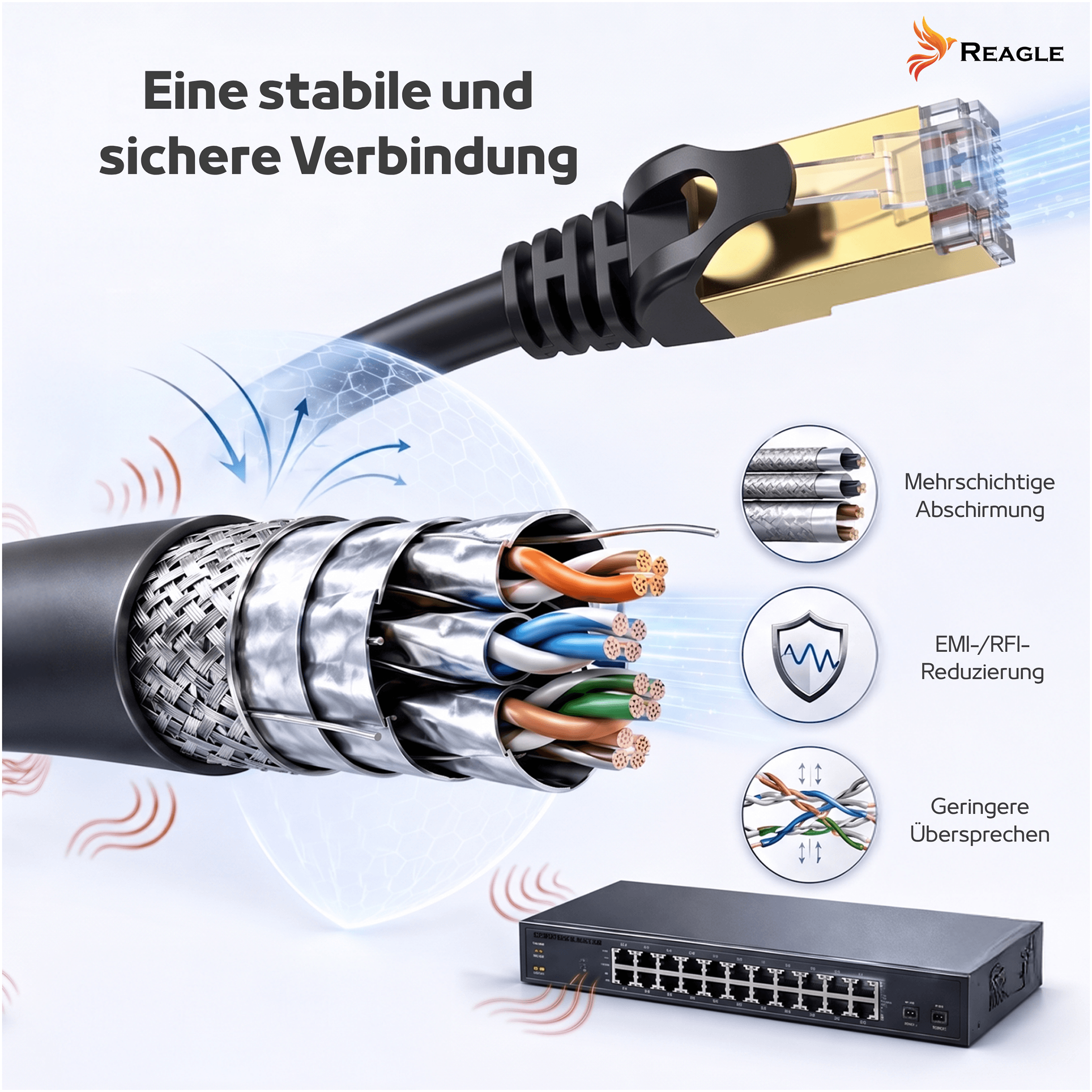 Un cavo ethernet con struttura multistrato e connettore RJ45, collegato a uno switch di rete.