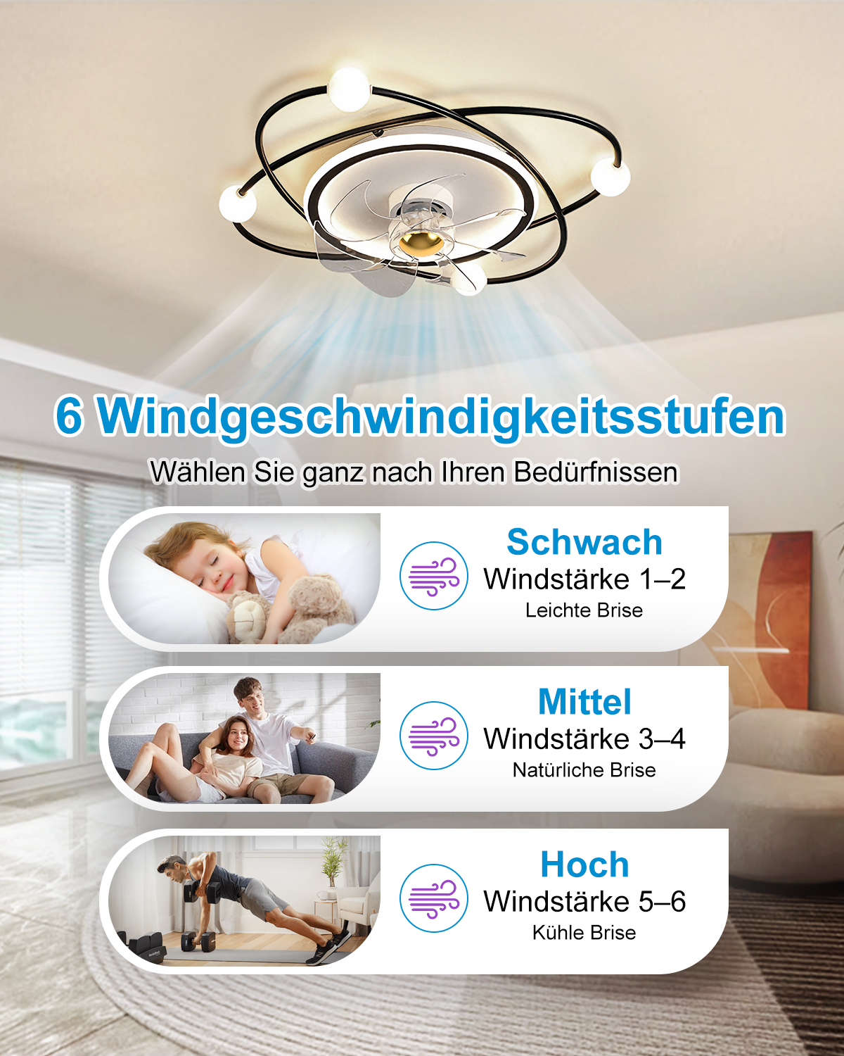 Ein Deckenventilator mit Licht zeigt 6 Windstärken zum Schlafen, Entspannen und Sport im modernen Wohnzimmer.
