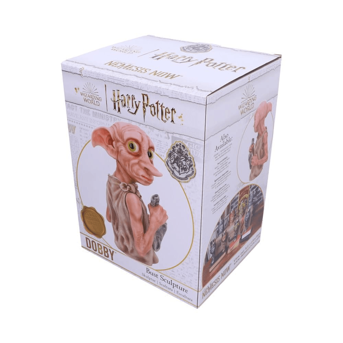 Eine weiße Harry Potter Dobby Büsten-Skulpturenbox vor weißem Hintergrund.