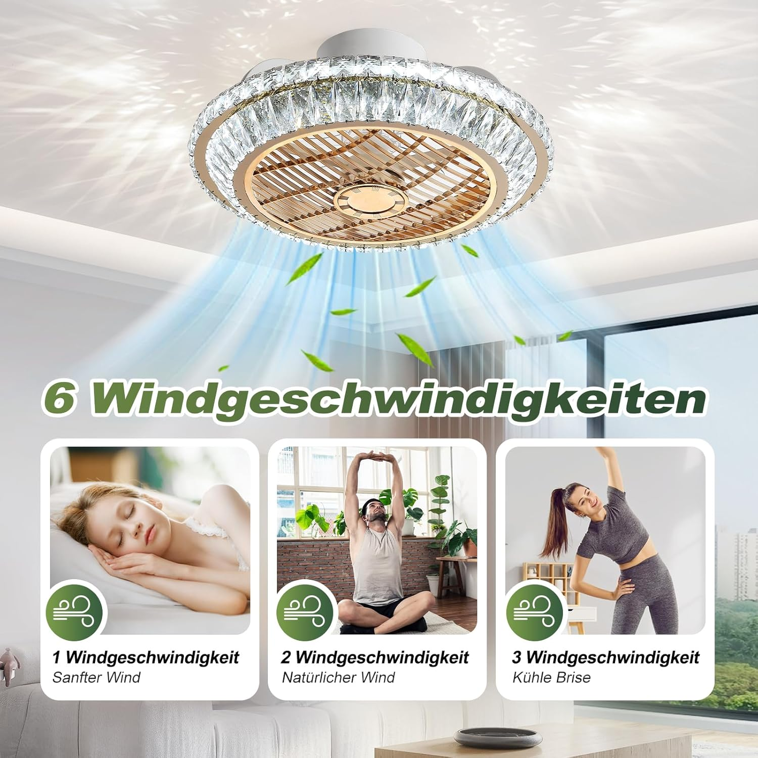 Moderne Kristall-Deckenventilatoren mit Licht und sechs Windgeschwindigkeiten für verschiedene Aktivitäten.