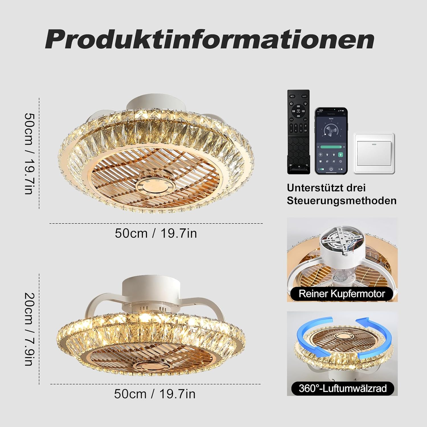 Produktinfo zeigt Kristall-Deckenventilator mit Maßen, Fernbedienung, App, Schalter, Kupfermotor und 360°-Luftstrom.