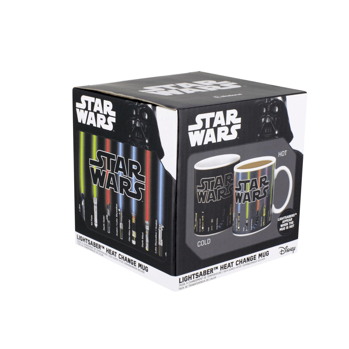 Eine schwarze Star Wars Wärme-Effekt-Tassenbox zeigt Laserschwerter.