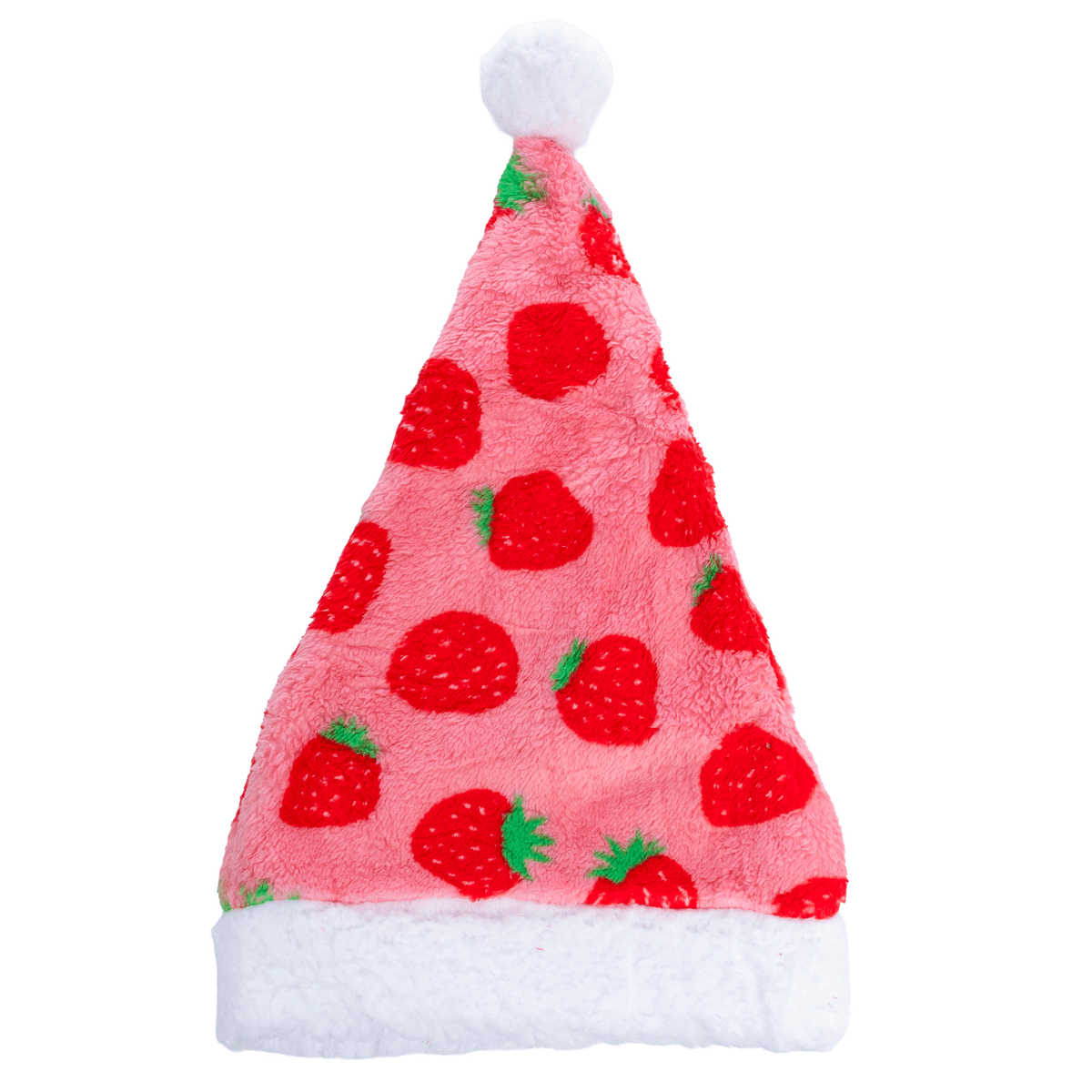 Rosa Plüsch-Weihnachtsmütze mit Erdbeermuster und weißem Rand sowie Bommel.