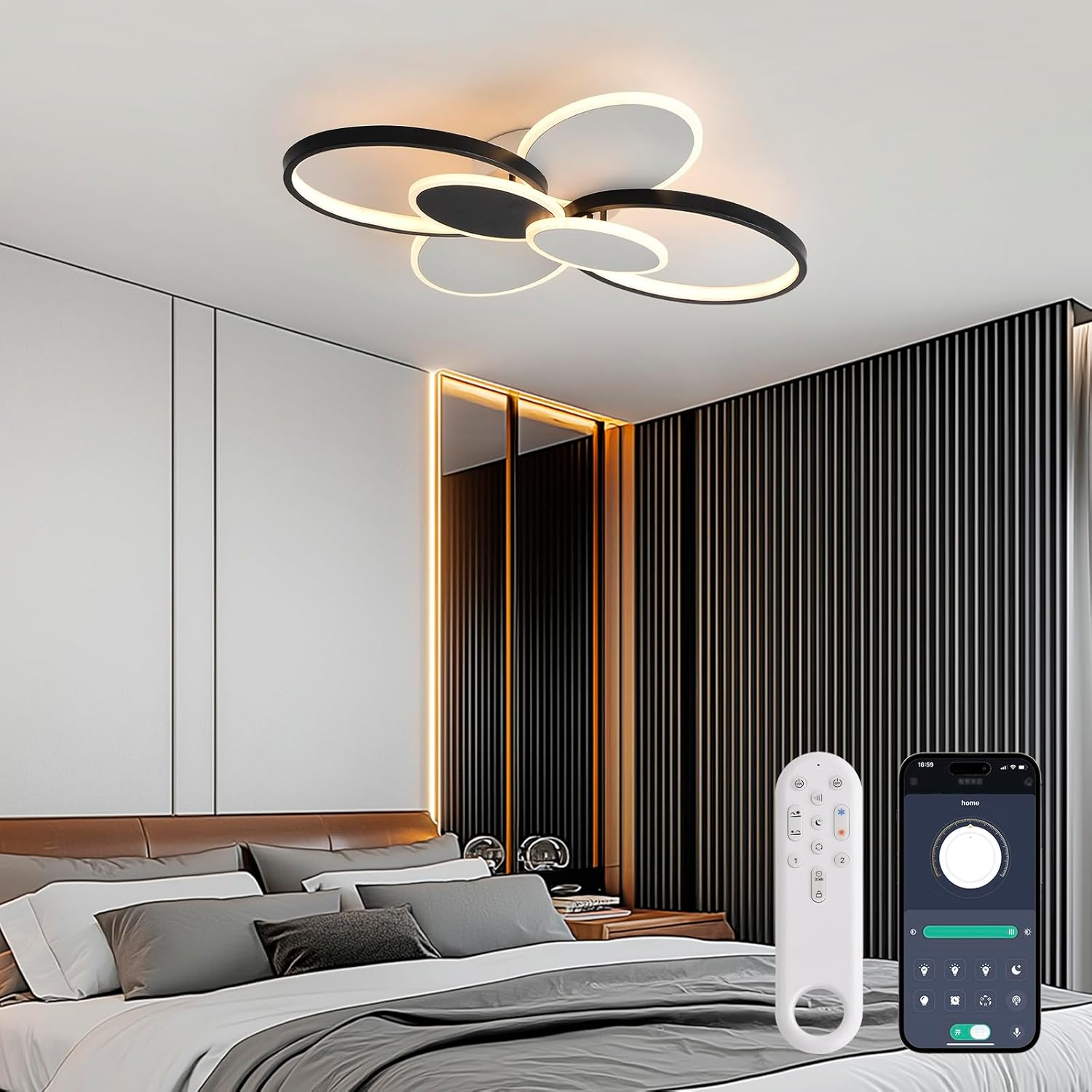 Moderne Deckenleuchte über einem Schlafzimmerbett mit Fernbedienung und Smartphone-App zur Steuerung.