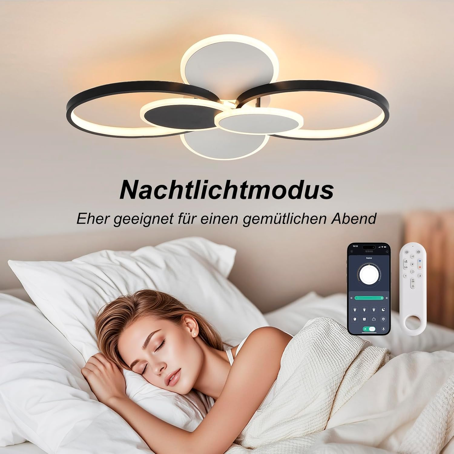 Moderne Deckenlampe in einem Schlafzimmer mit einer schlafenden Frau, Smartphone und Fernbedienung.