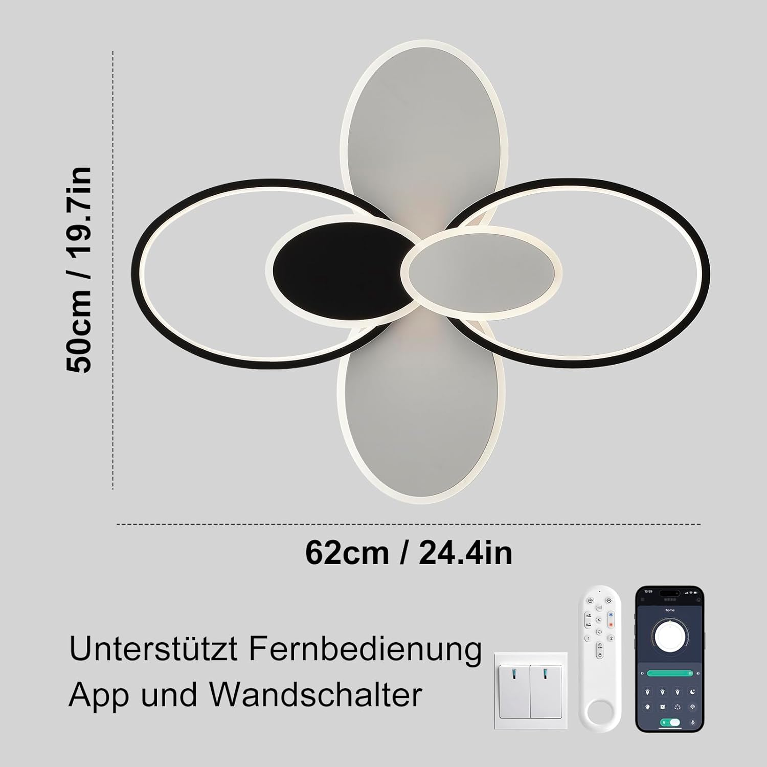 Moderne Deckenleuchte mit ovalen Elementen, Maßen und Steuerungsoptionen wie Fernbedienung, App und Wandschalter.