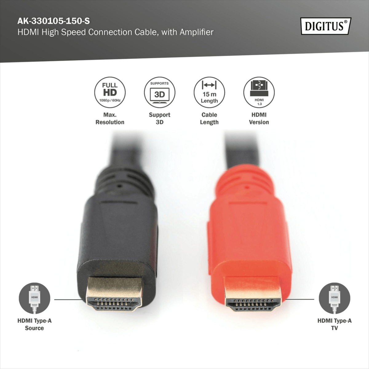 Cable HDMI Digitus con amplificador, conectores negro y rojo, Full HD, 3D y 15m de largo.