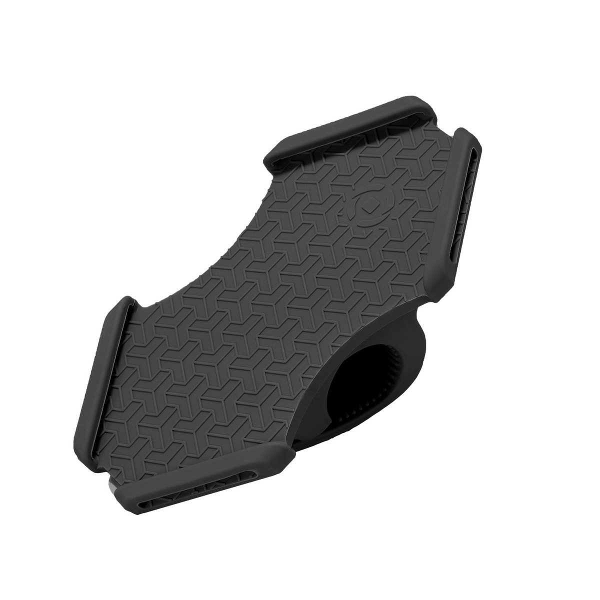 Soporte de teléfono para bicicleta negro con mecanismo de montaje integrado en fondo blanco.