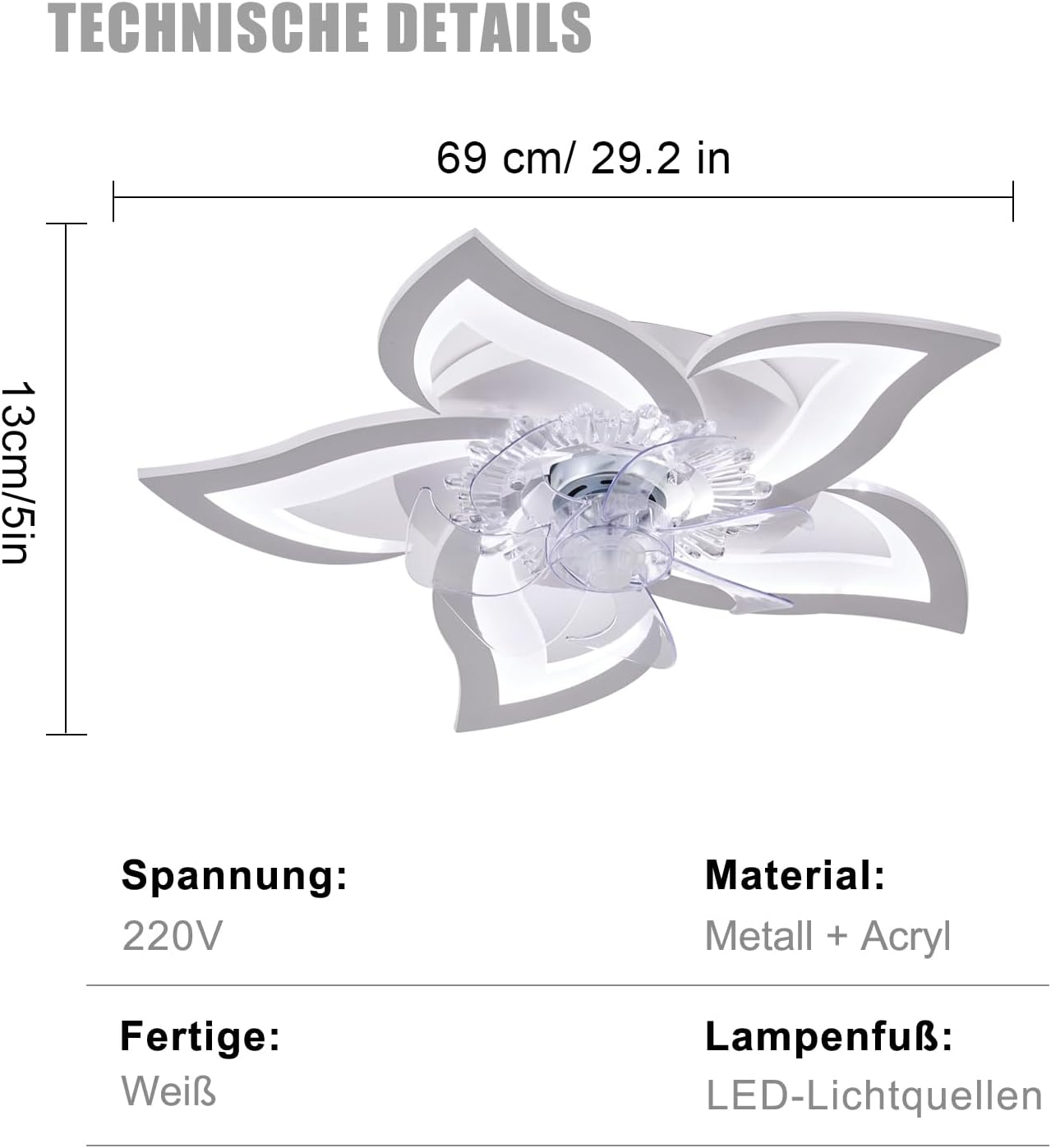 Technische Details einer weißen Deckenventilatorlampe mit Blumenform, 69 cm Durchmesser und 13 cm Höhe.