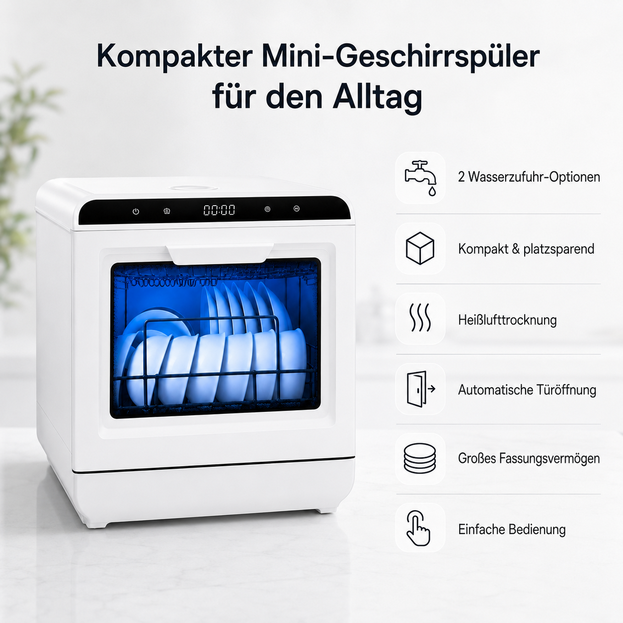 Kompakter weißer Mini-Geschirrspüler mit blauem Licht im Inneren und deutscher Produktbeschreibung rechts.