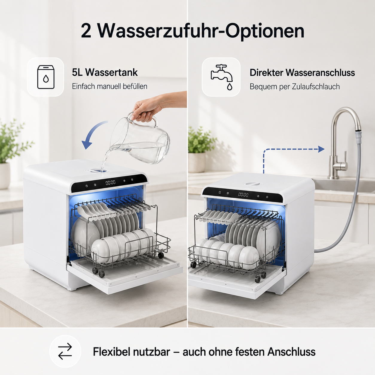 Kompakte weiße Spülmaschine mit zwei Wasserzufuhr-Optionen: manuelles Befüllen oder direkter Wasseranschluss.