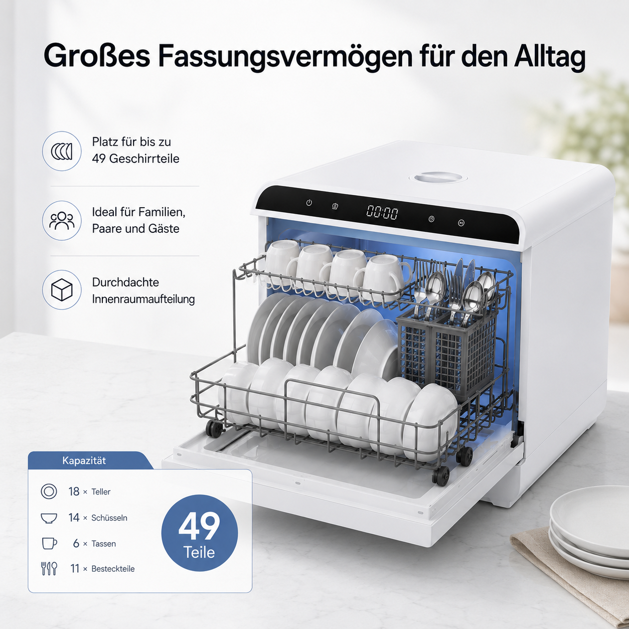 Kompakte weiße Spülmaschine mit geöffneter Tür, bestückt mit Tellern, Tassen und Besteck.