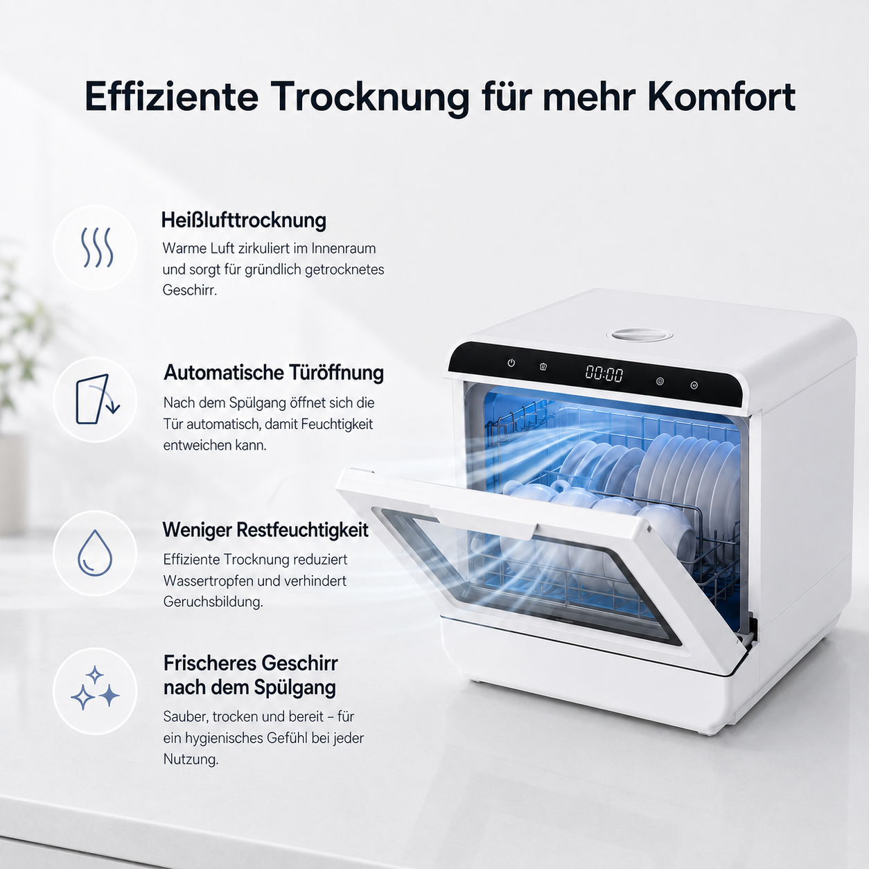 Kompakter weißer Geschirrspüler mit geöffneter Tür und blauer Innenbeleuchtung, umgeben von erklärenden Infografiken.