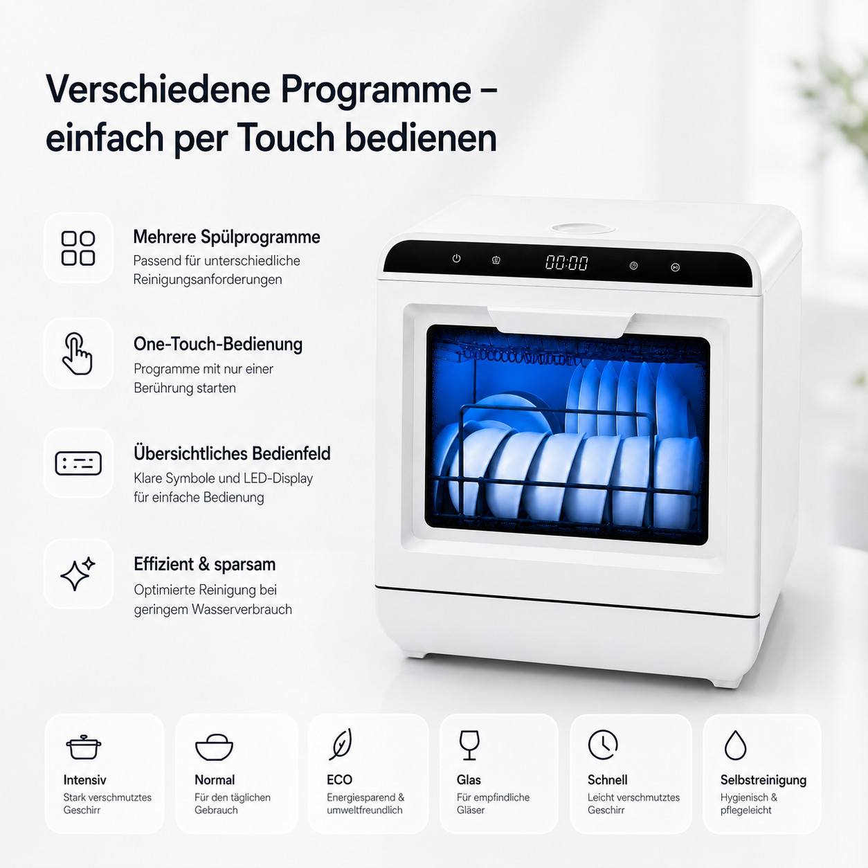 Kompakter weißer Geschirrspüler mit blauem Licht im Inneren und Symbolen für verschiedene Spülprogramme.