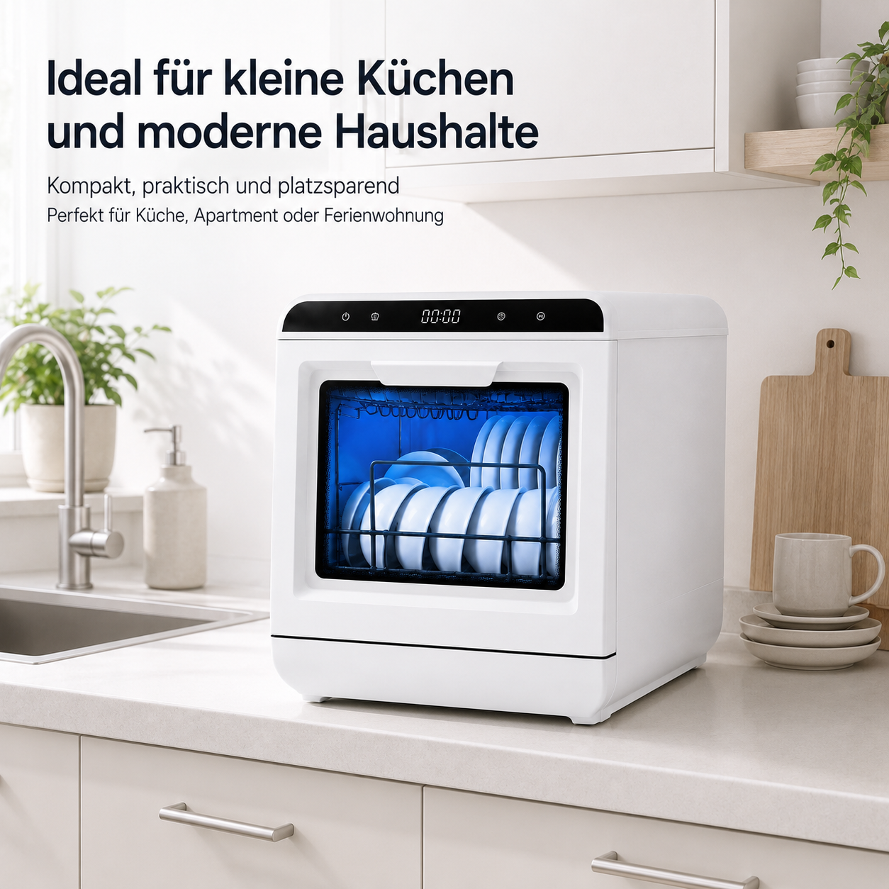 Kompakte weiße Spülmaschine auf der Küchenarbeitsplatte mit blau beleuchtetem Innenraum voller Geschirr.