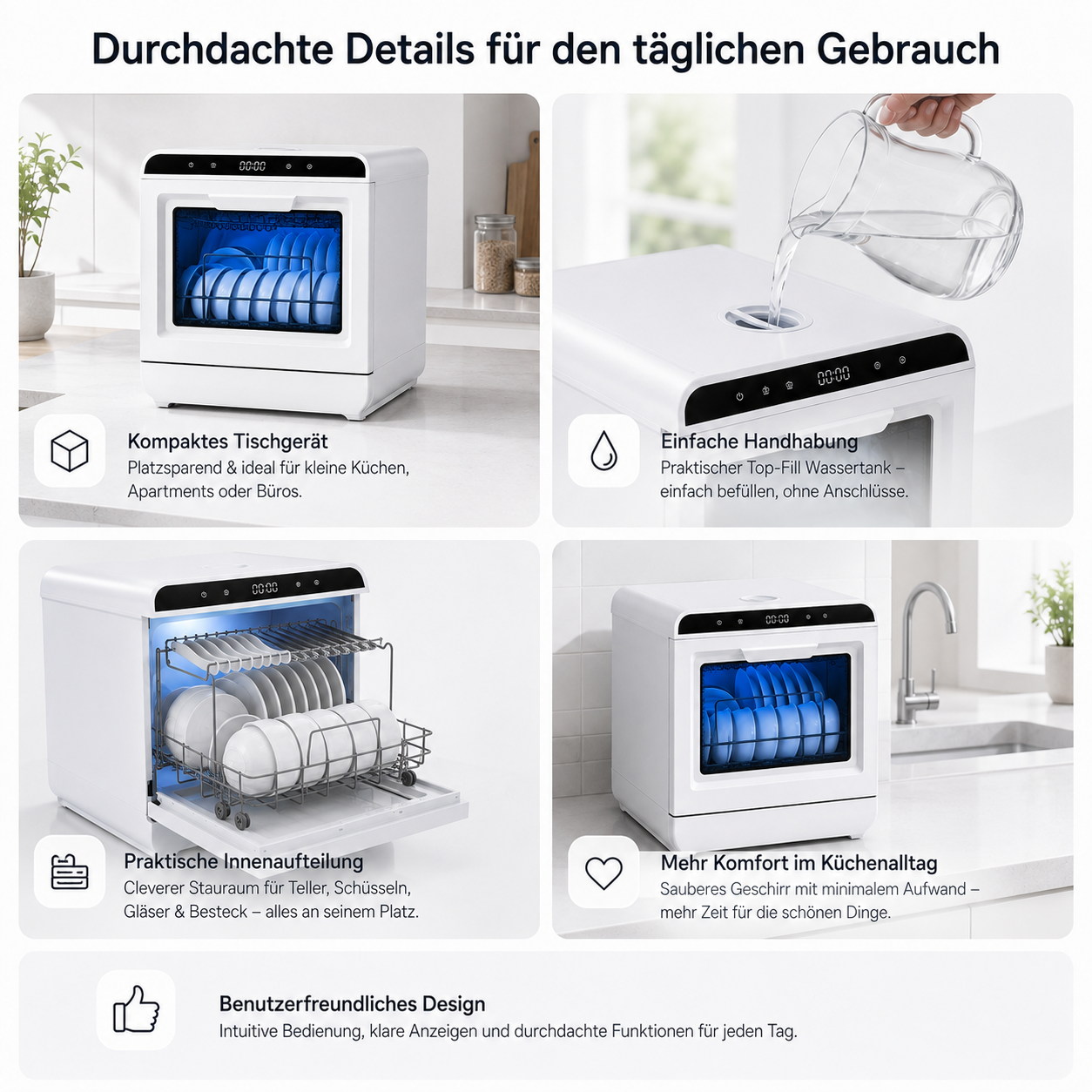 Vier Bilder zeigen die Funktionen eines kompakten Tischgeschirrspülers: Design, Wassertank, Innenraum und Alltag.