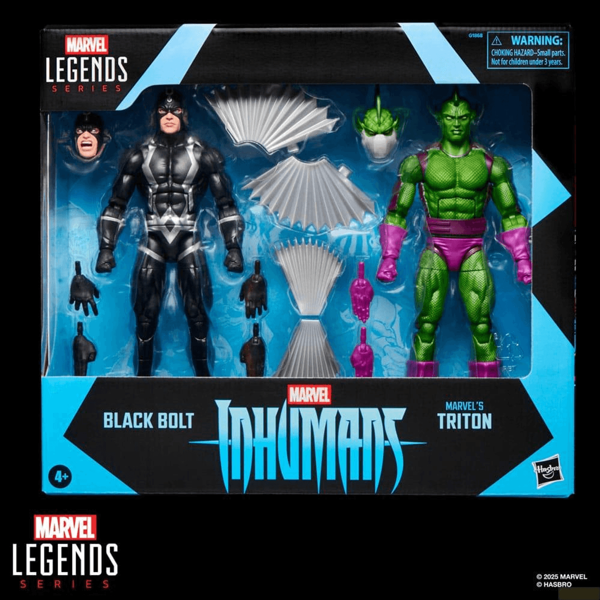 Figuras de acción Marvel Legends Black Bolt y Triton en su empaque original con accesorios.