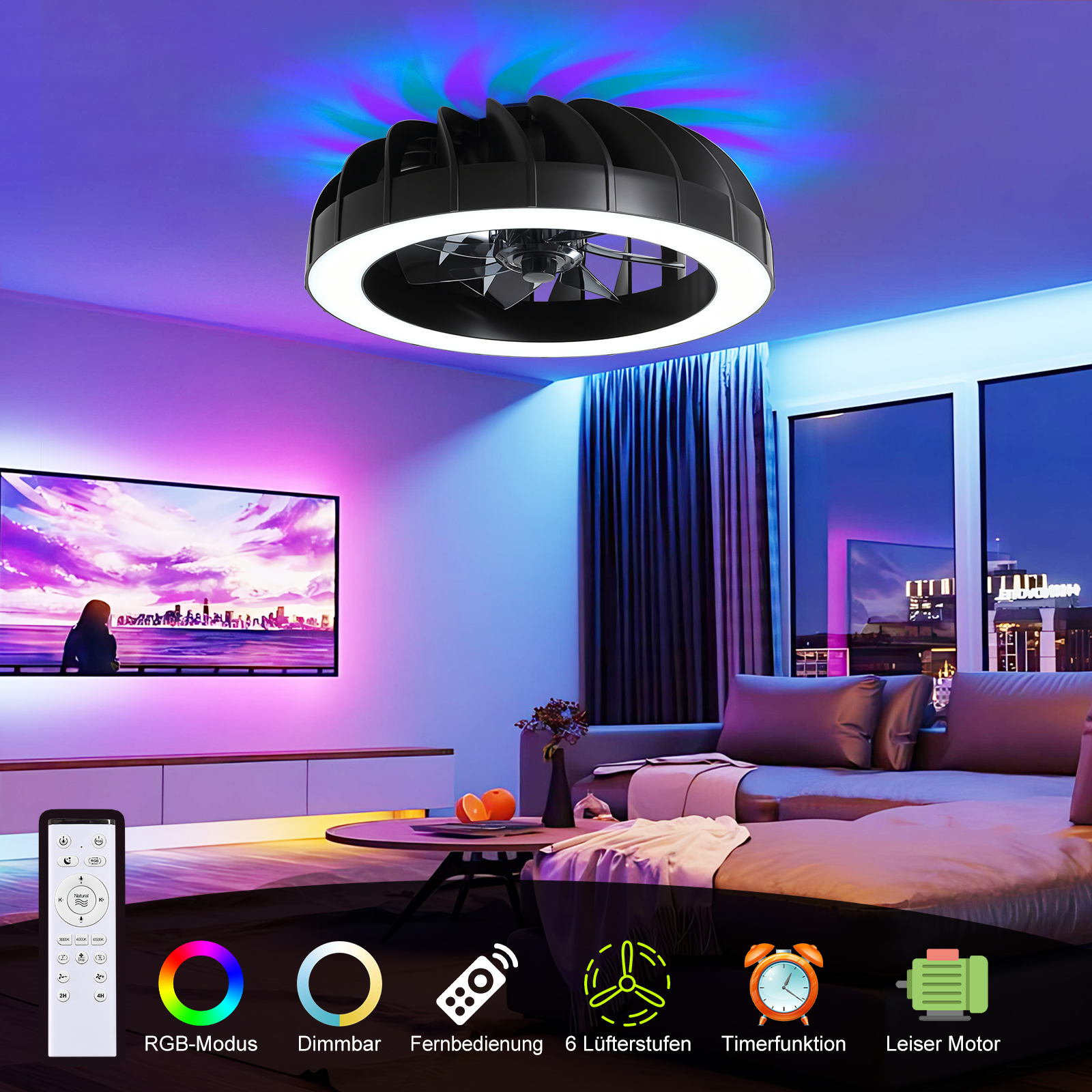 Ein modernes Wohnzimmer mit schwarz-weißer LED-Deckenventilator, farbiger Beleuchtung, TV und Sofa.