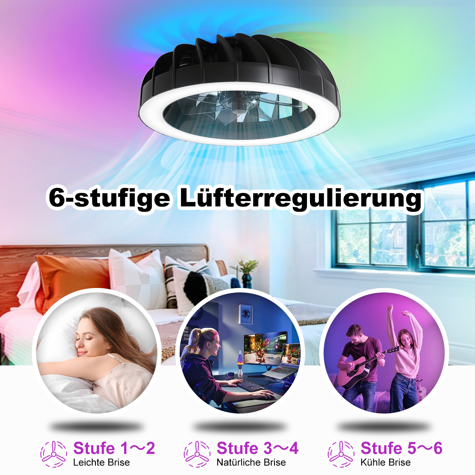 Moderne Deckenventilatorlampe mit RGB-Hintergrundbeleuchtung und drei runden Einsetzbildern für Schlaf-, Arbeits- und Freizeitaktivitäten.