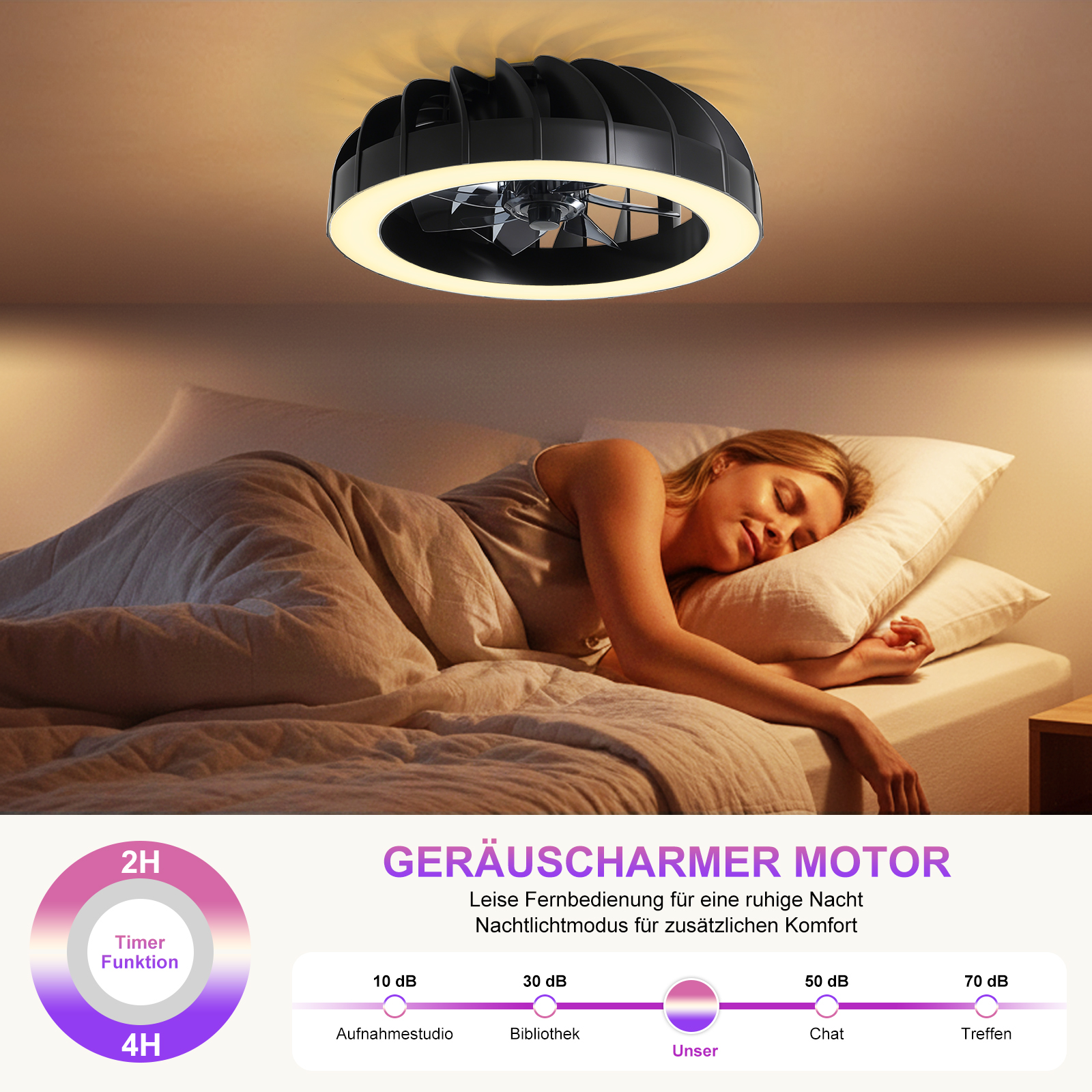 Eine Frau schläft friedlich im Bett unter einer modernen Deckenleuchte mit Ventilator.