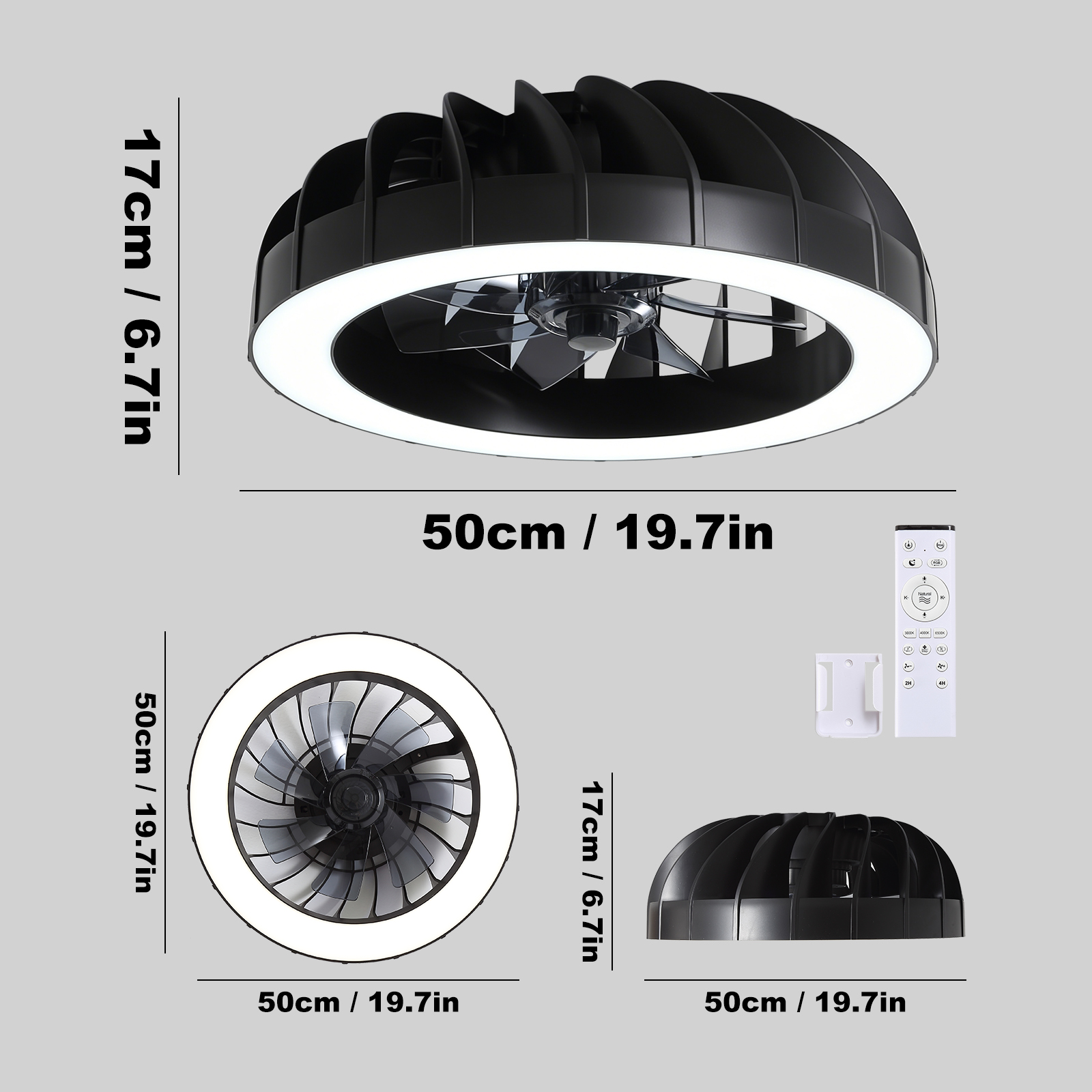 Schwarzer Deckenventilator mit LED-Ring, Abmessungen, Unter- und Seitenansicht sowie Fernbedienung.