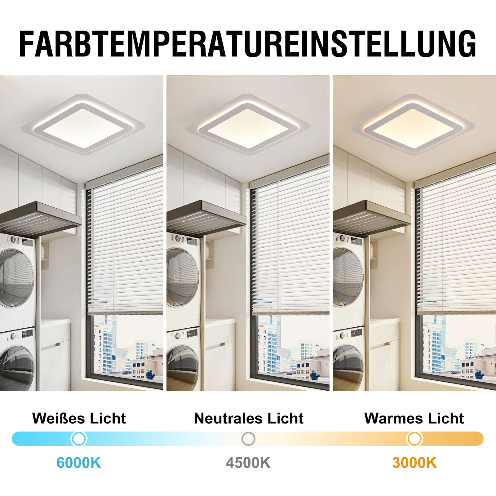 Drei Bilder zeigen eine quadratische Deckenleuchte mit verstellbarer Farbtemperatur von 6000K, 4500K bis 3000K.