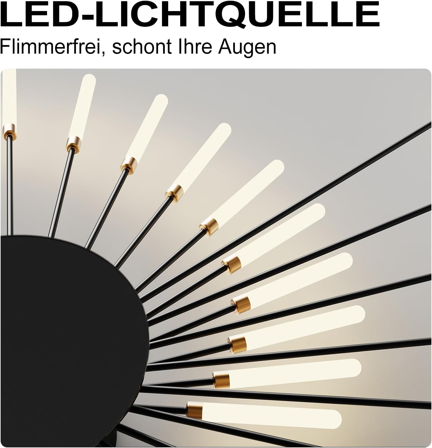 Moderne schwarze LED-Leuchte mit strahlenförmig angeordneten Armen und leuchtenden Röhren vor grauem Hintergrund.