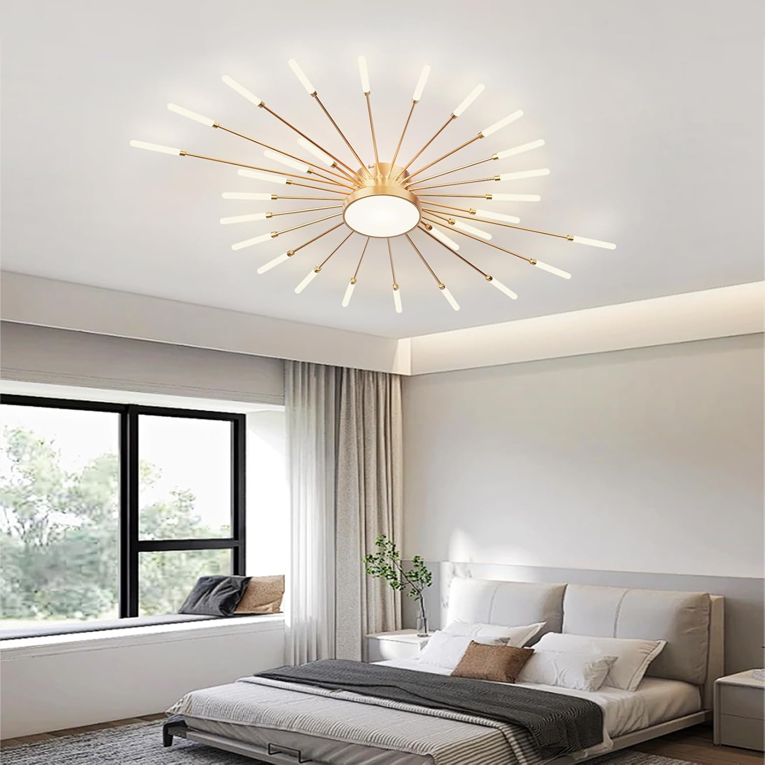 Moderne Deckenleuchte im Feuerwerks-Design in einem hellen Schlafzimmer.