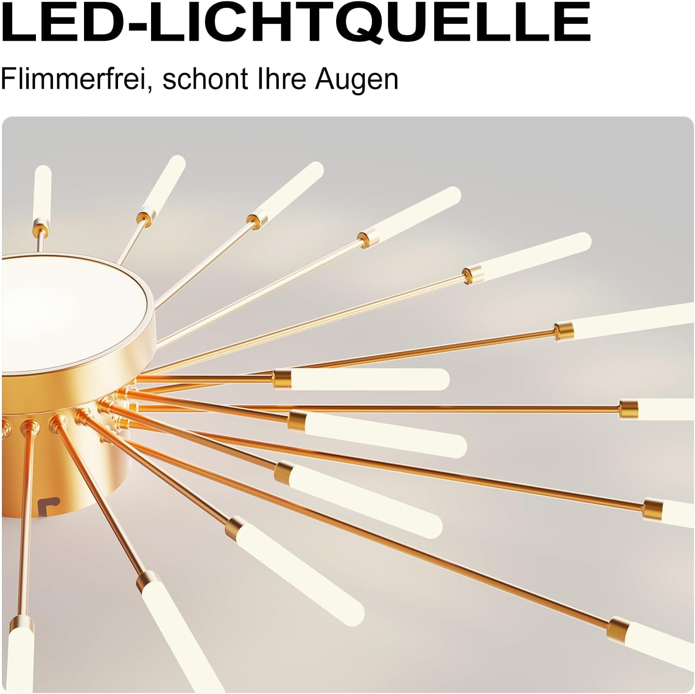 Moderne goldene Deckenleuchte mit strahlenden LED-Lichtstäben und runder Zentralleuchte auf hellem Hintergrund.