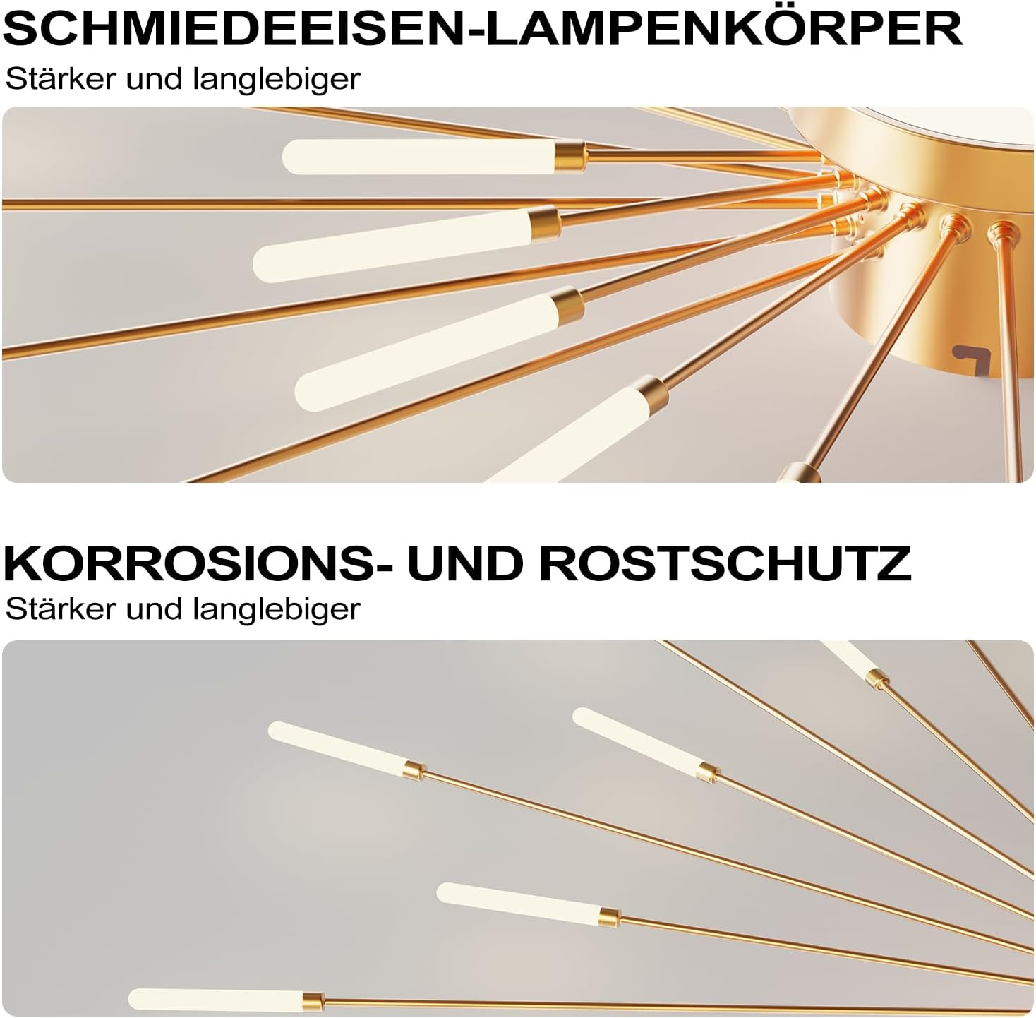 Goldfarbene Leuchte mit strahlenden Armen und deutscher Beschriftung zu Korrosionsschutz.