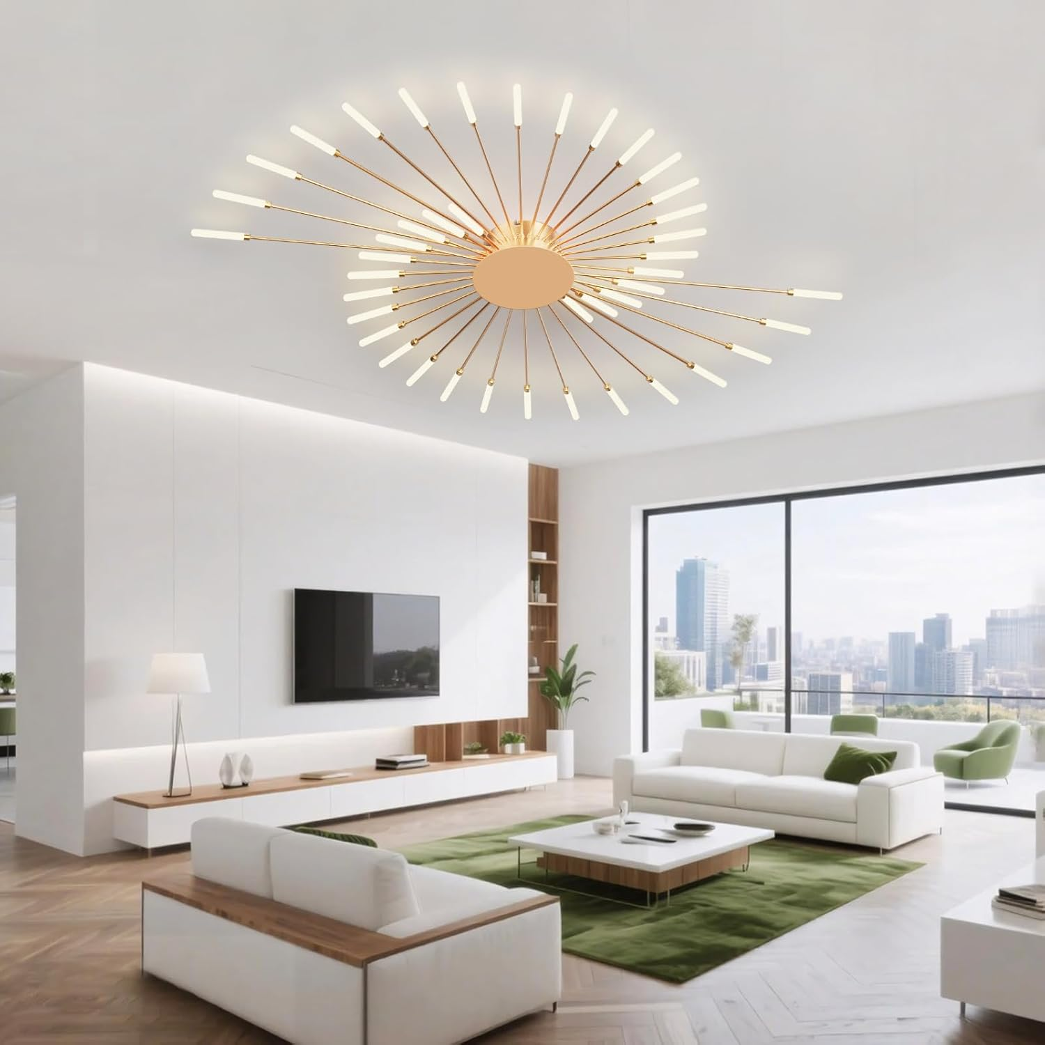Moderne Deckenleuchte in Sonnenform in einem eleganten Wohnzimmer mit grossen Fenstern und Blick auf die Stadt.