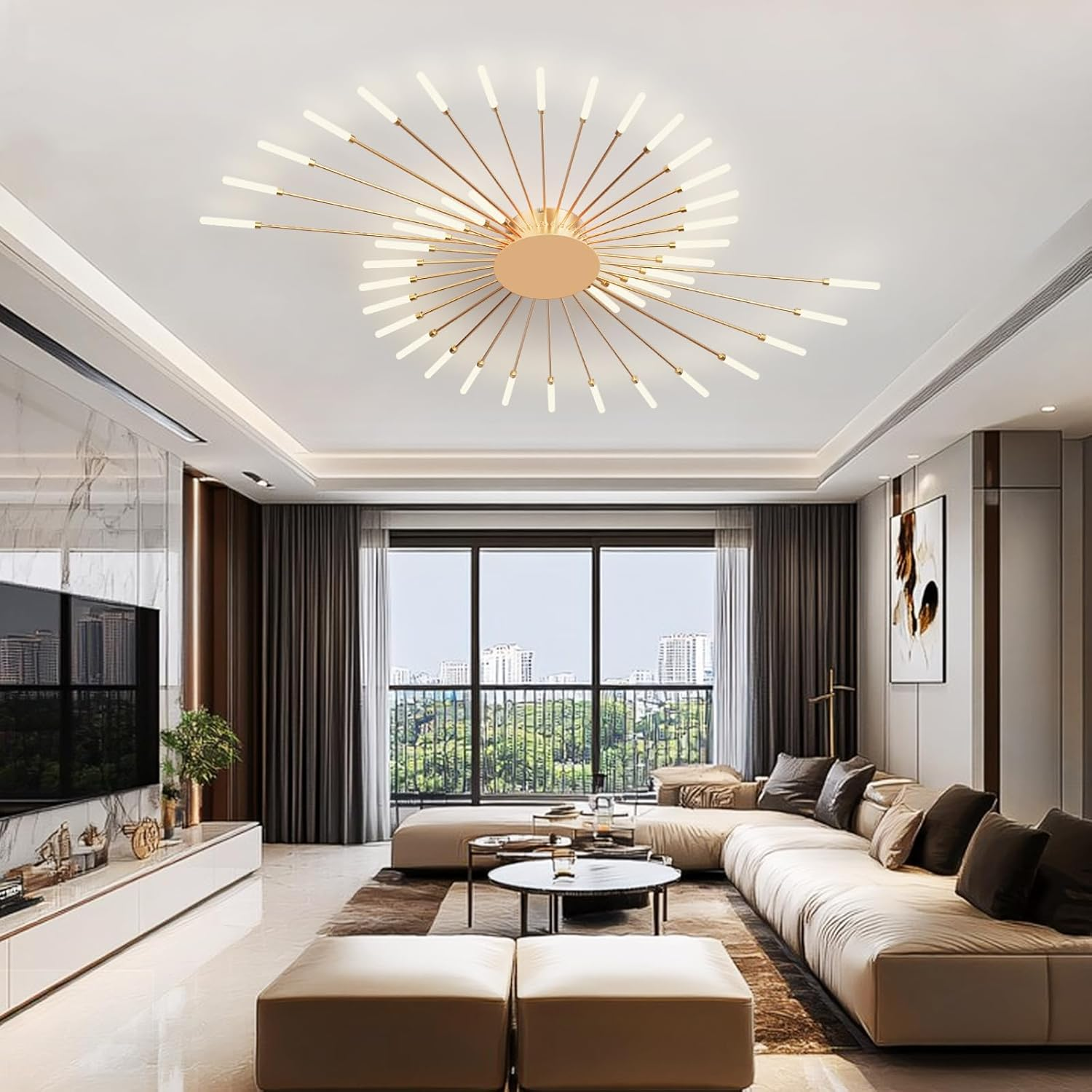 Wohnzimmer mit großem L-Sofa, TV-Wand und moderner spiralförmiger Deckenlampe.