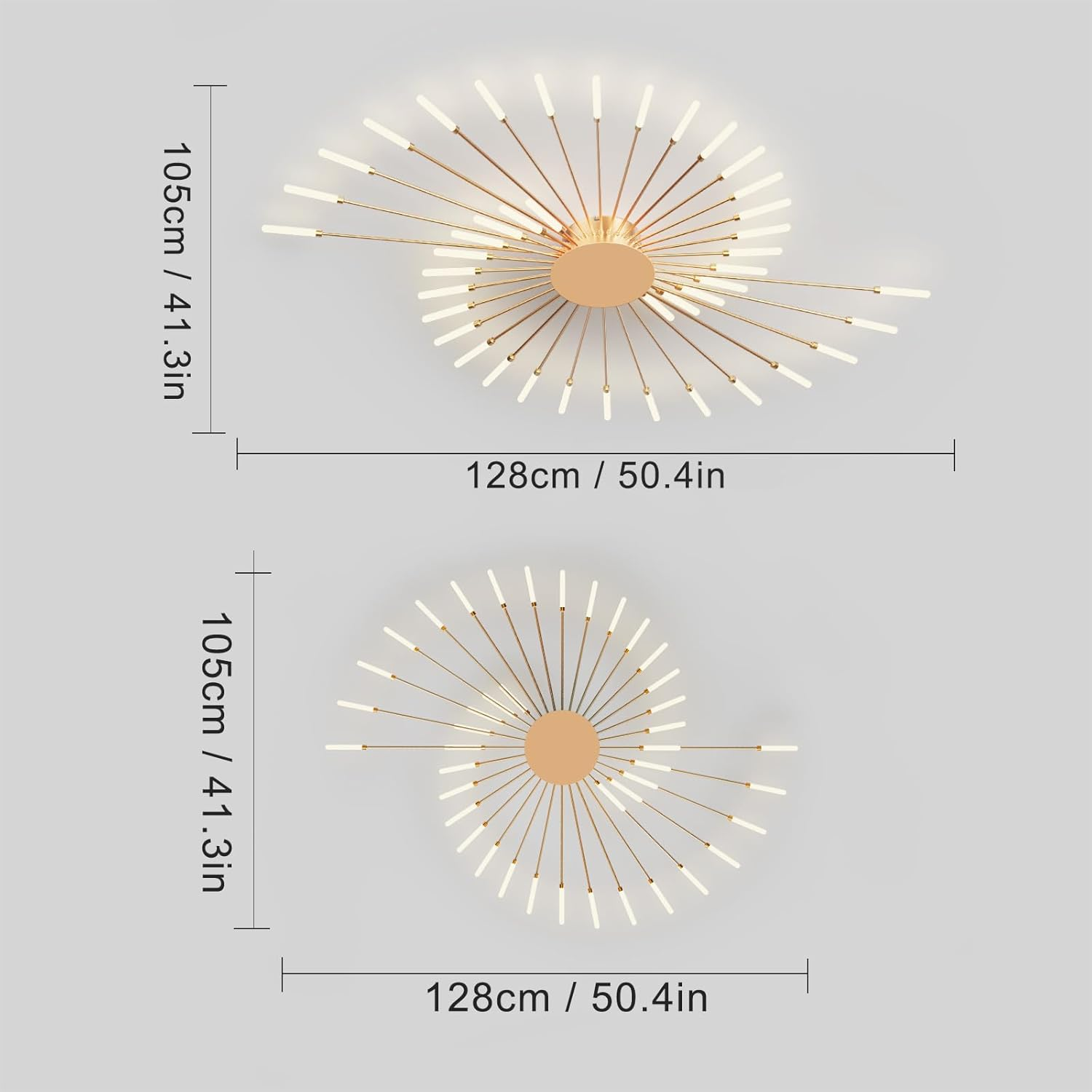 Diagramm einer spiralförmigen Deckenlampe mit Maßen von 105cm x 128cm auf hellem Hintergrund.