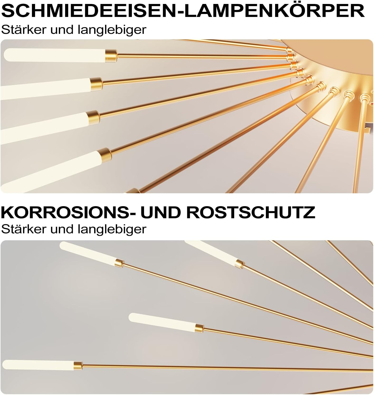 Goldfarbene Leuchte aus Schmiedeeisen mit vielen filigranen Armen und weiß leuchtenden Enden, korrosionsgeschützt.