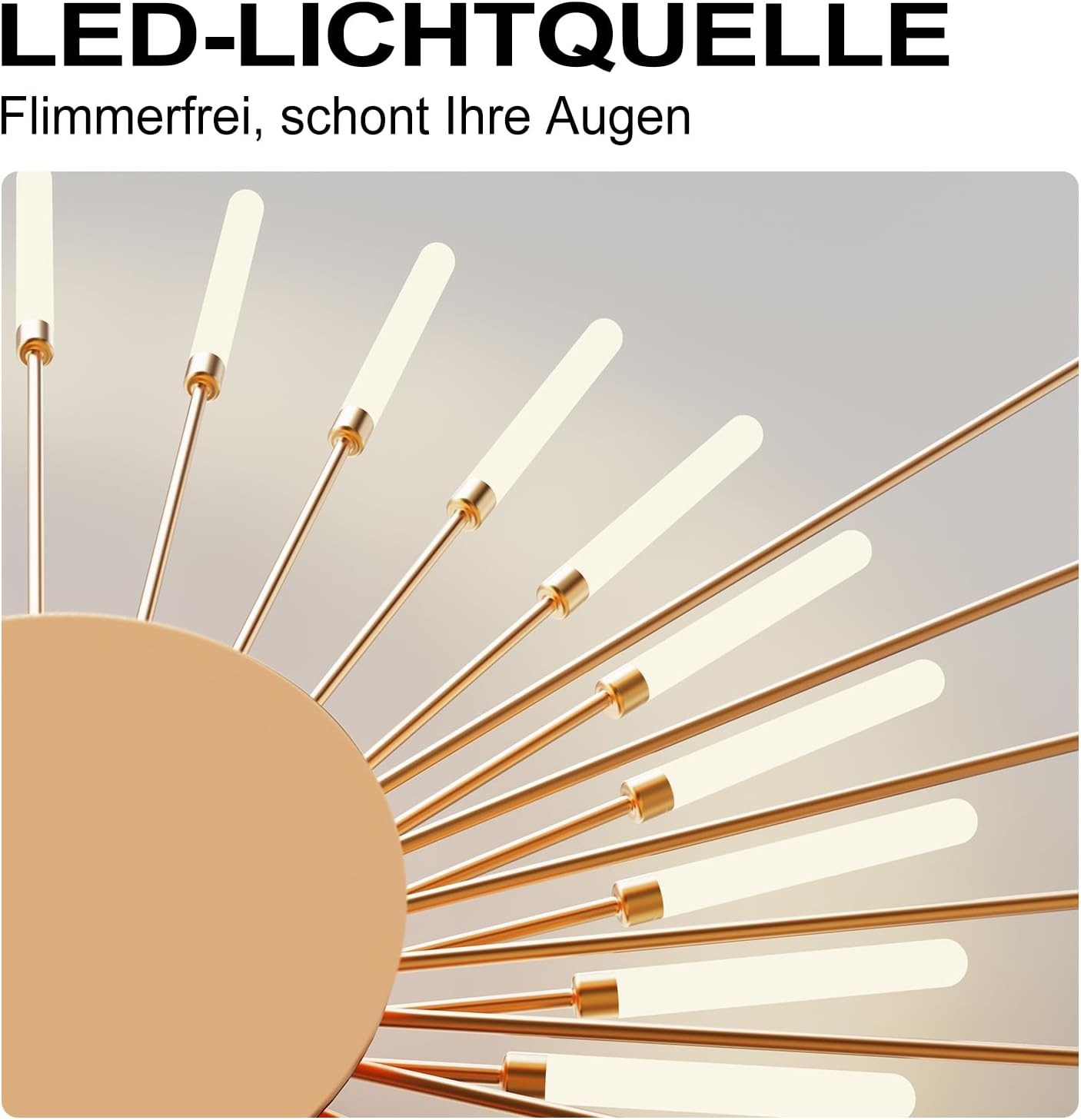 Moderne LED-Leuchte mit goldfarbenen Stäben und leuchtenden Spitzen vor hellem Hintergrund.