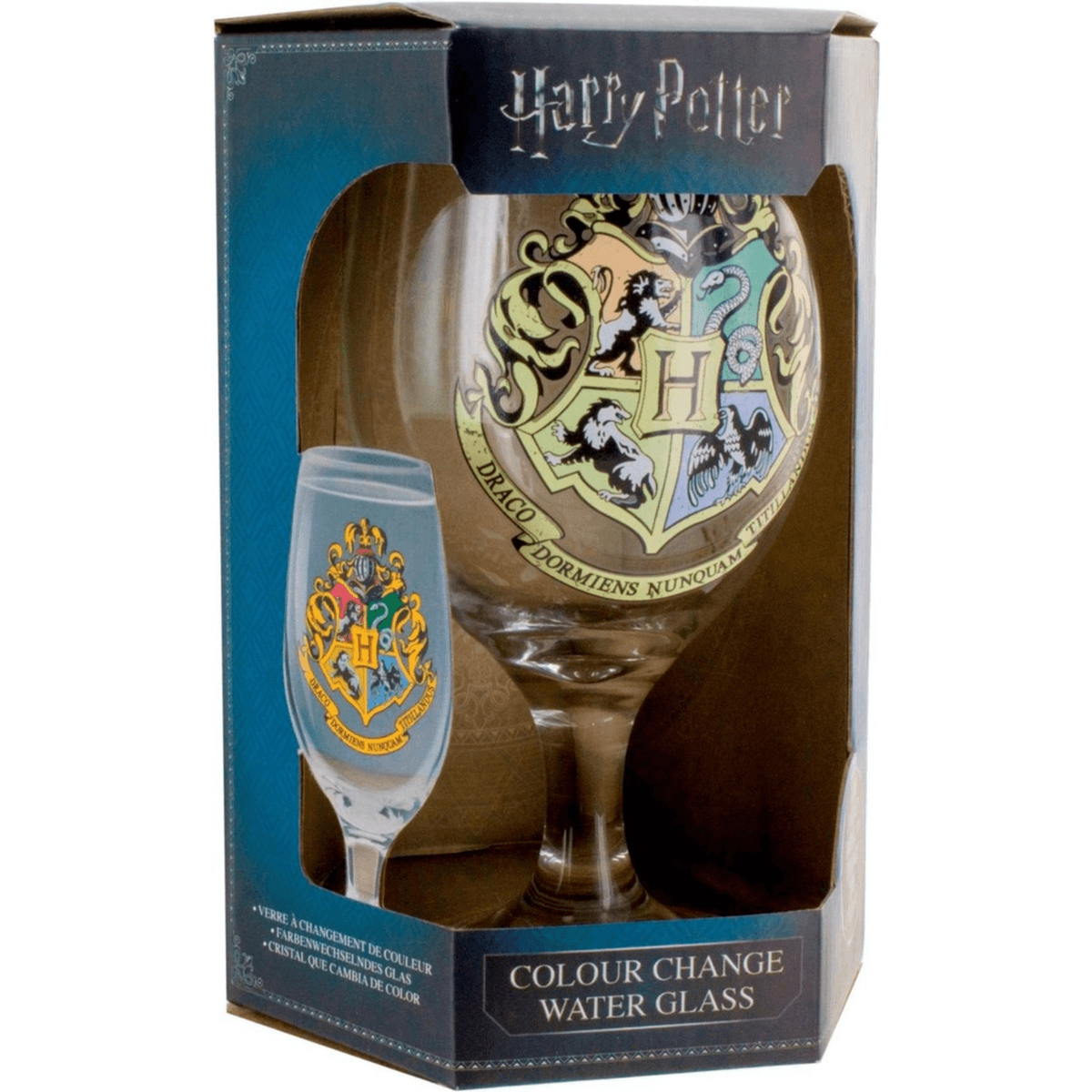 Harry Potter Farbwechsel-Wasserglas in einer blau-schwarzen Verpackung mit Hogwarts-Wappen.