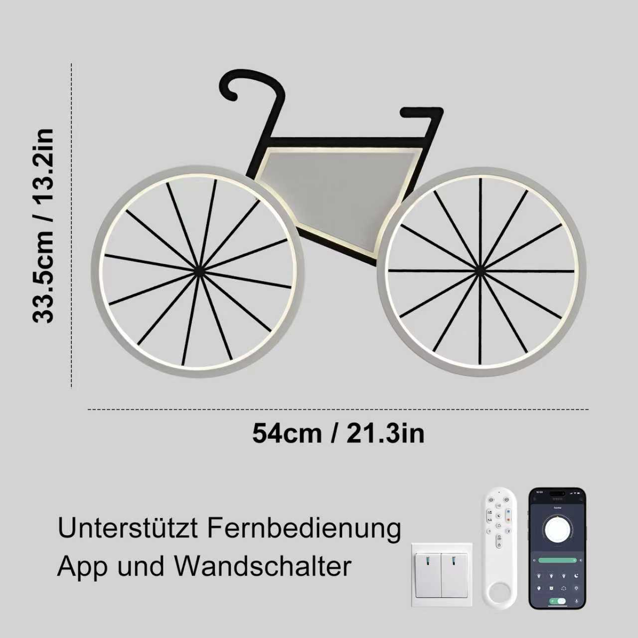 Fahrrad-Wandleuchte mit Maßen 54x33.5cm, unterstützt Fernbedienung, App und Wandschalter.