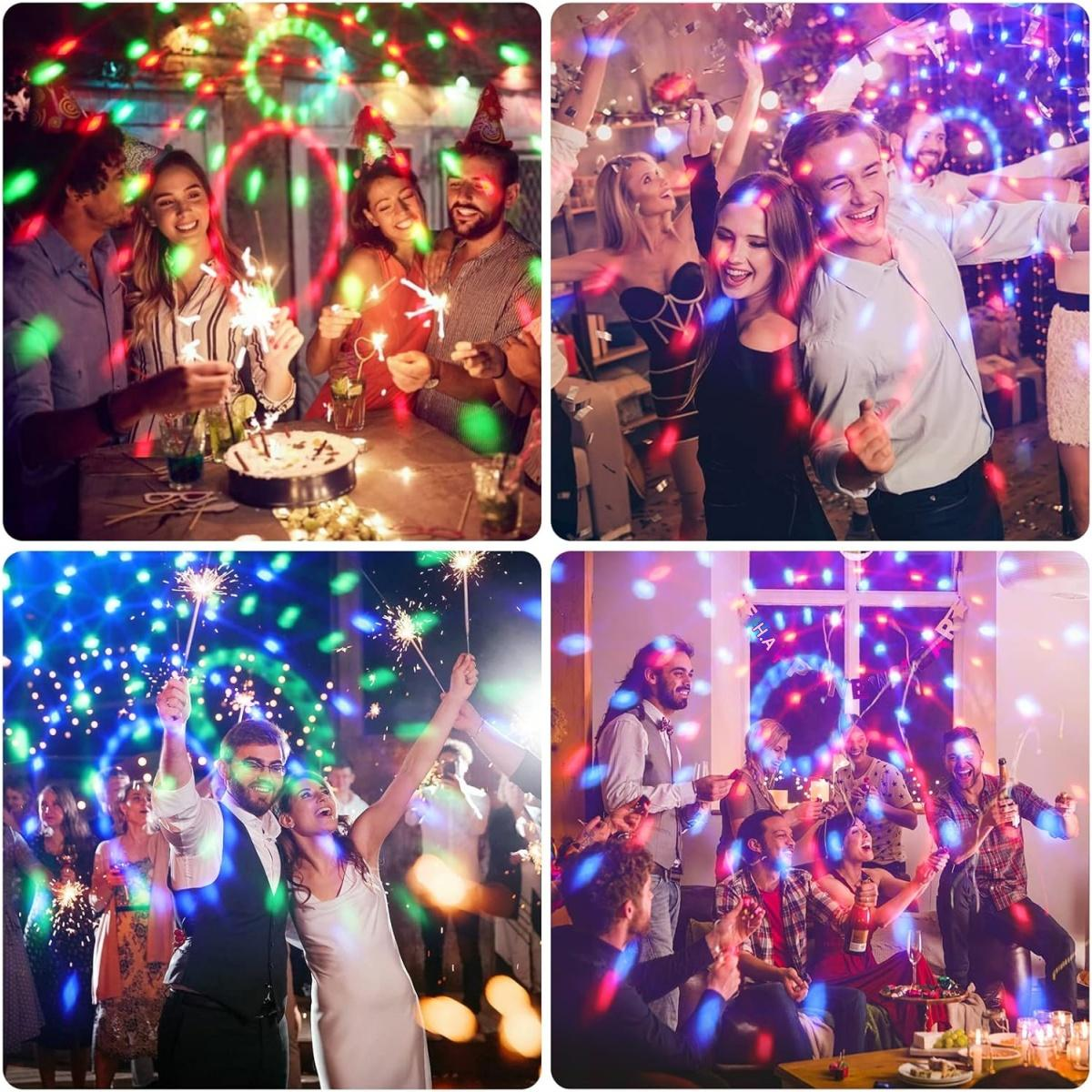 Vier Bilder zeigen fröhliche Menschen bei einer Party mit buntem Partylicht und Wunderkerzen.