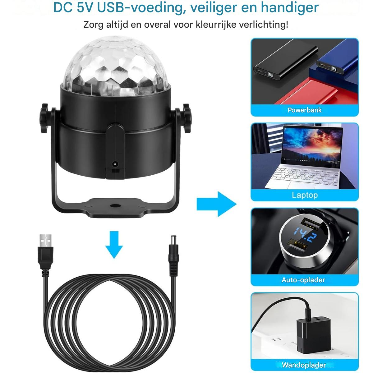 Eine schwarze USB-Diskokugel, verbunden mit verschiedenen Stromquellen wie Powerbank, Laptop, Autoladegerät und Wandladegerät.
