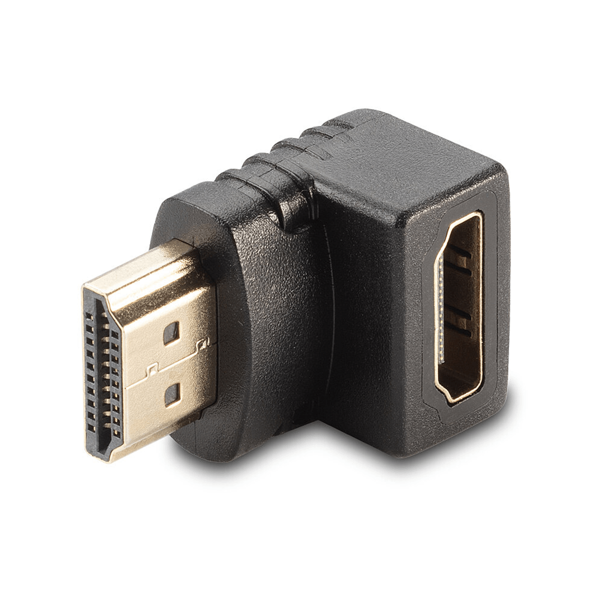 Ein schwarzer, rechtwinkliger HDMI-Adapter mit vergoldeten Anschlüssen auf weißem Hintergrund.