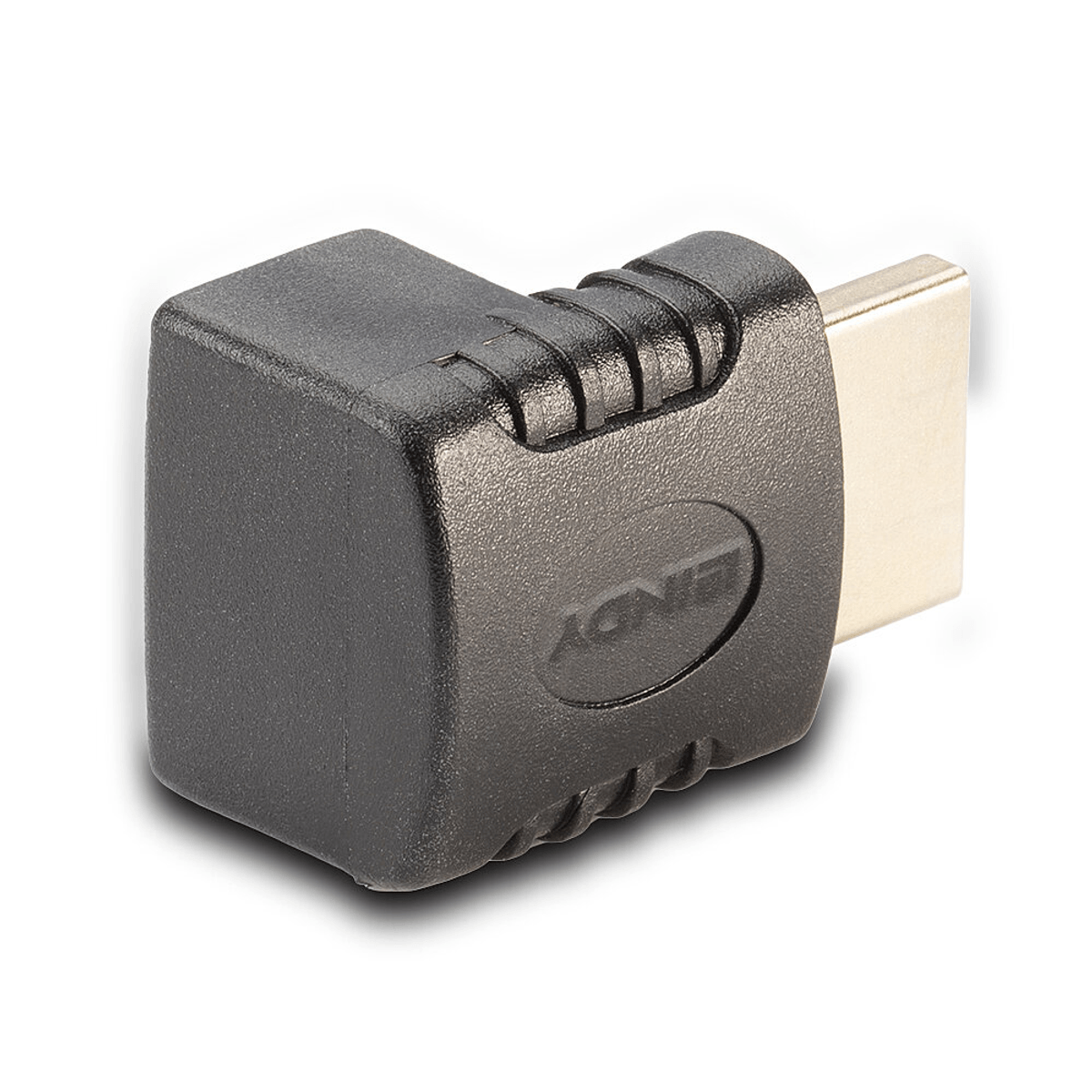 Ein schwarzer,winkliger HDMI-Adapter mit vergoldetem Stecker auf weißem Hintergrund.