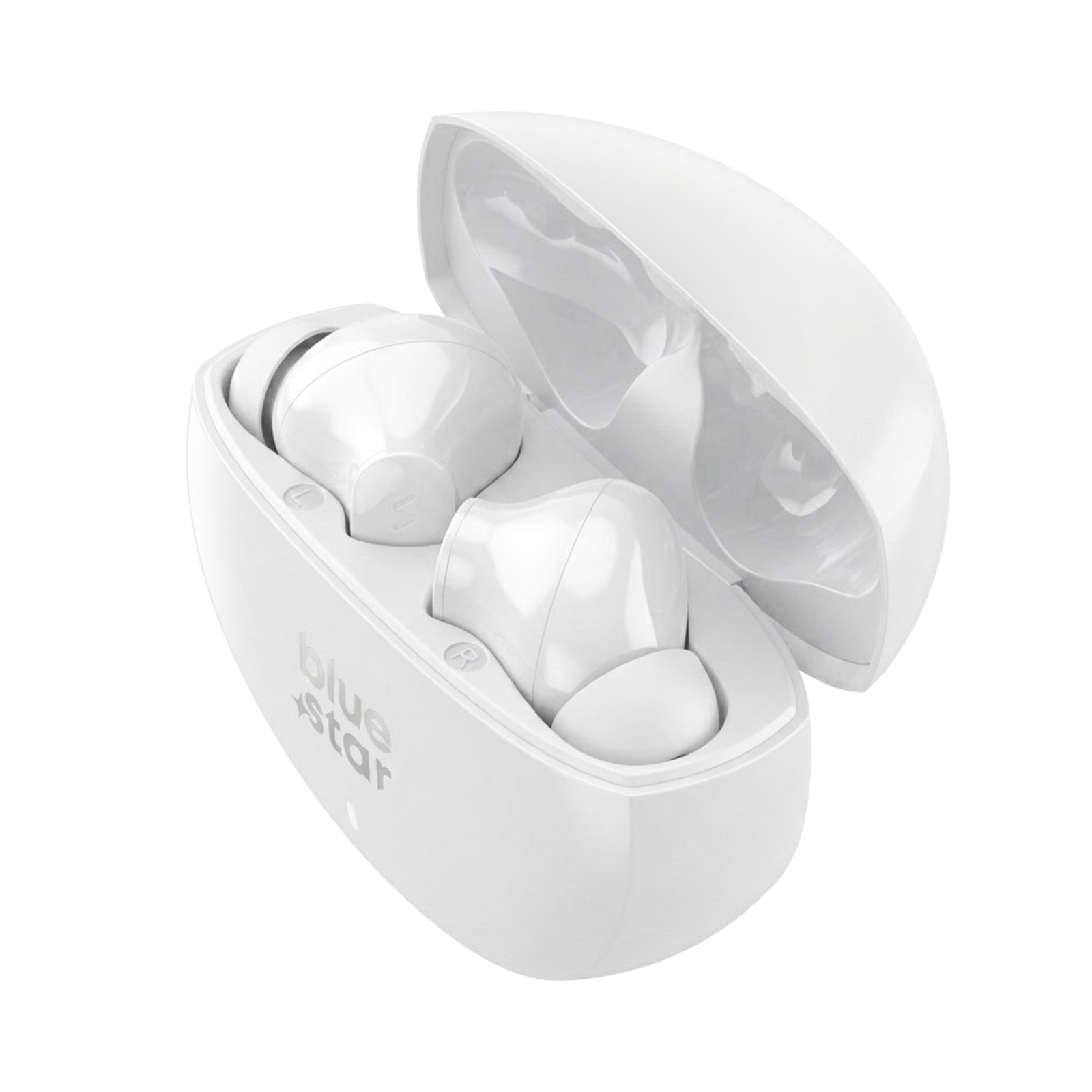 Weiße kabellose In-Ear-Kopfhörer in ihrer offenen Ladebox auf weißem Grund.