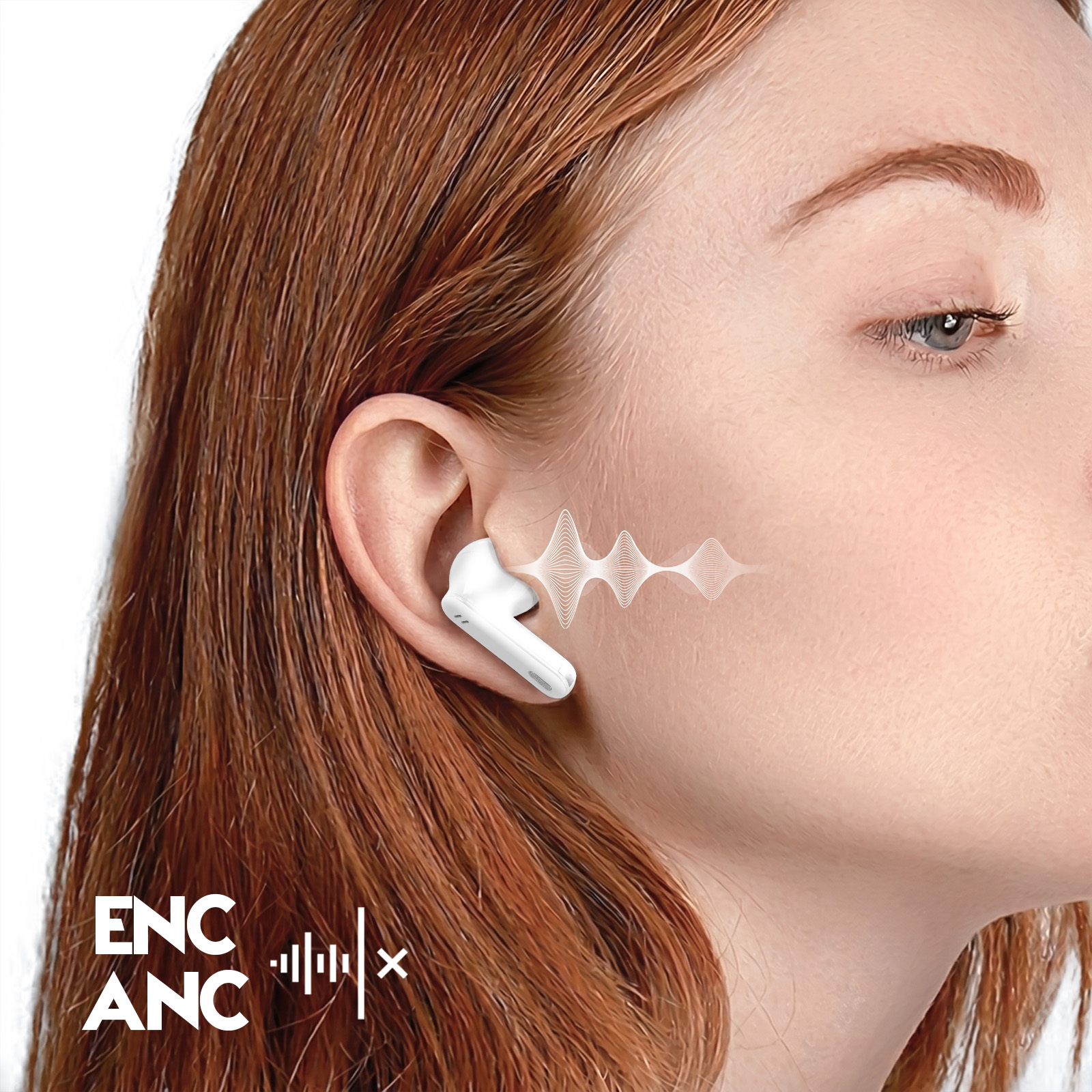 Rotschopf mit weißem In-Ear-Kopfhörer und grafischen Schallwellen.