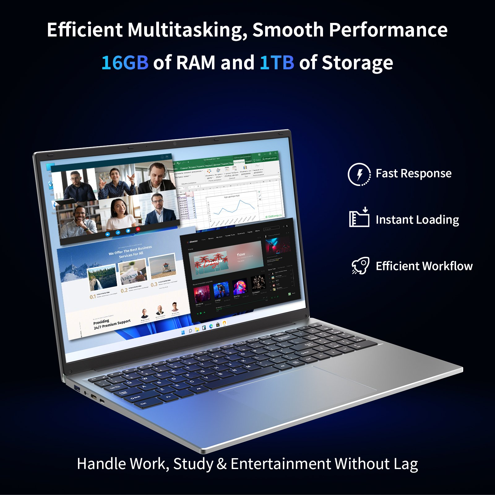 Ein silberner Laptop zeigt Multitasking-Apps auf dem Bildschirm vor dunklem Hintergrund.