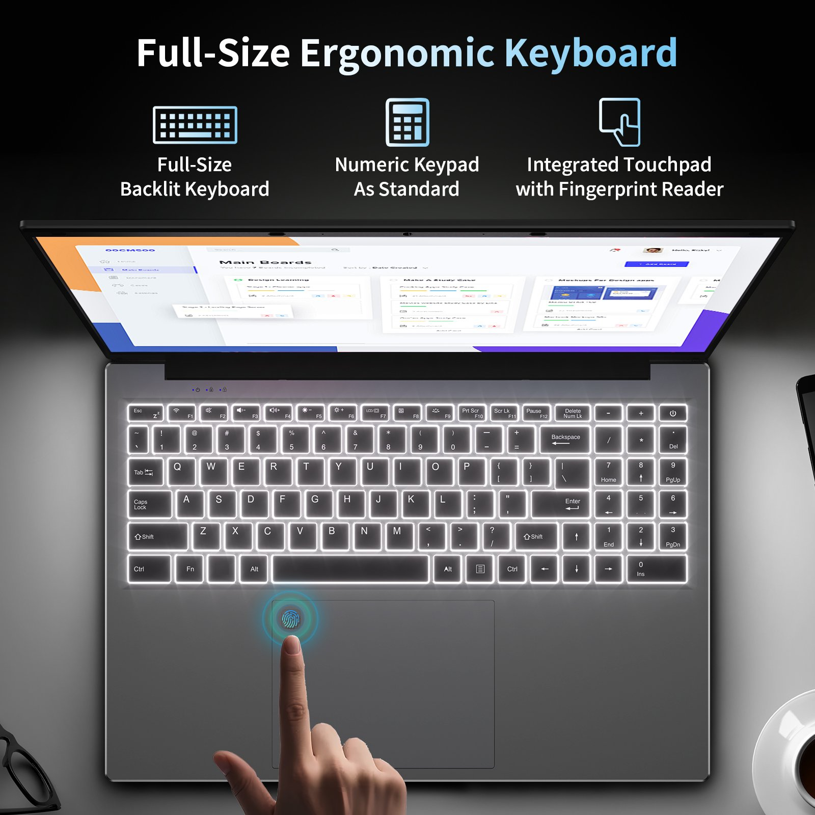 Laptop mit hintergrundbeleuchteter Tastatur, integriertem Ziffernblock und Touchpad mit Fingerabdruckleser.