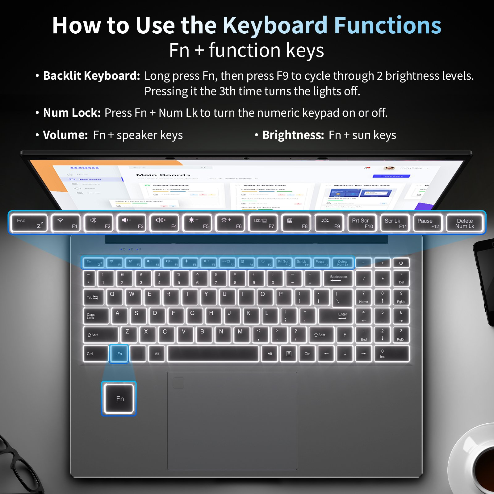 Anleitung zur Verwendung der Fn-Tasten auf einem beleuchteten Laptop-Keyboard.
