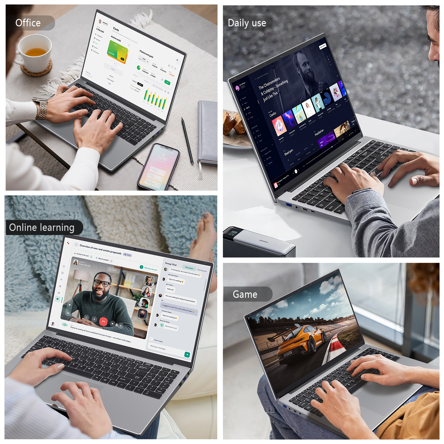 Vier Bilder zeigen die Laptop-Nutzung für Büro, Alltag, Online-Lernen und Spiele.