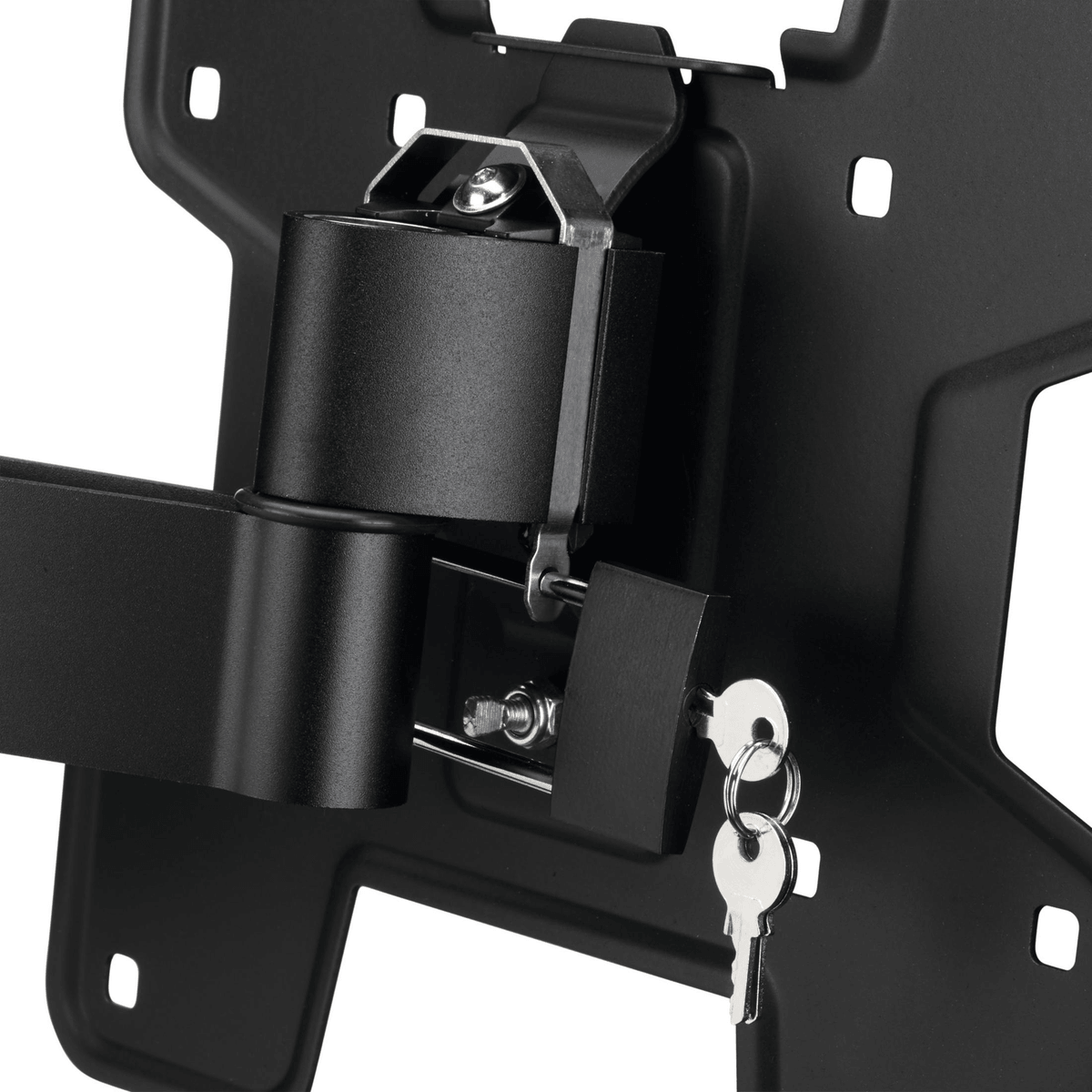 Gros plan sur un support mural TV noir sécurisé par un petit cadenas et deux clés.