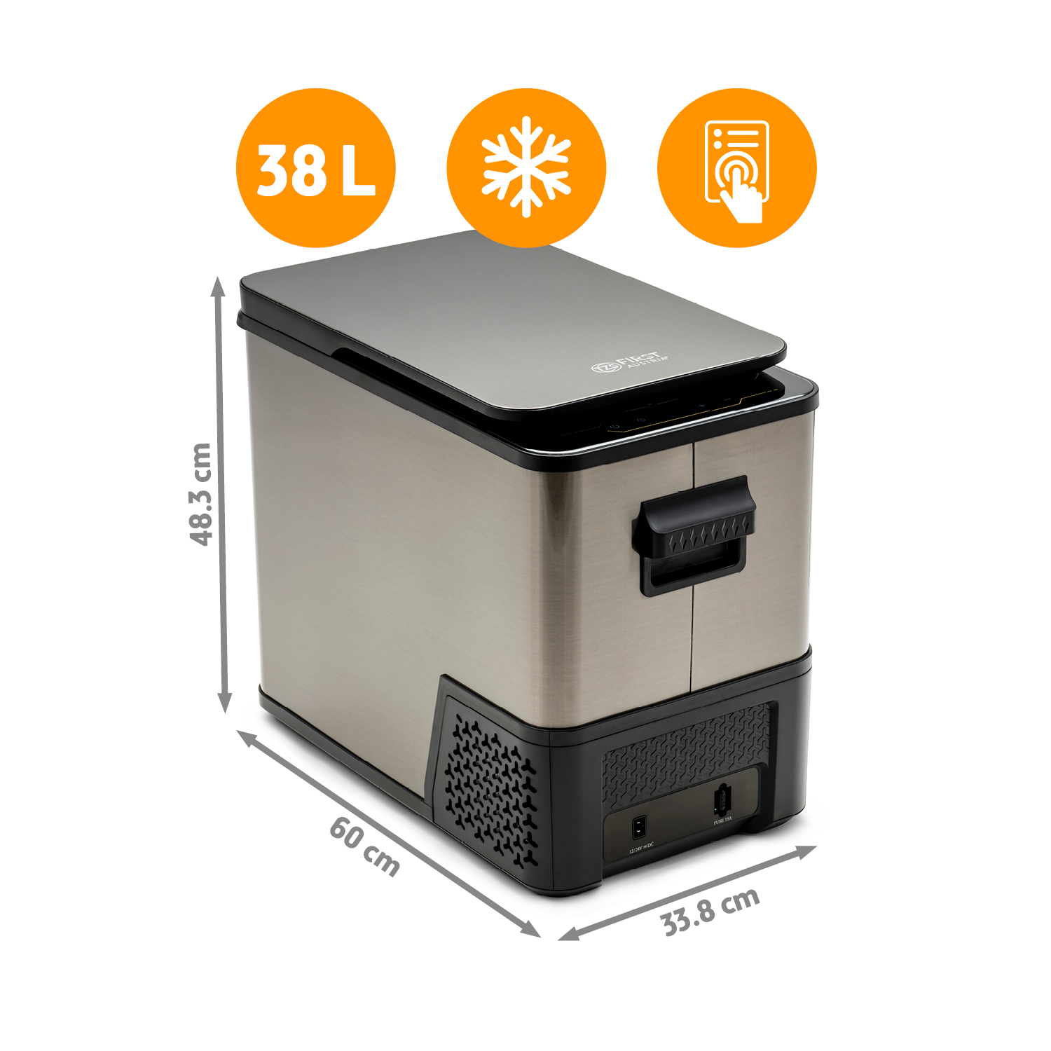 Eine tragbare Kühlbox aus Metall mit 38L Kapazität, Touch-Bedienung und den Abmessungen 60x33,8x48,3 cm.